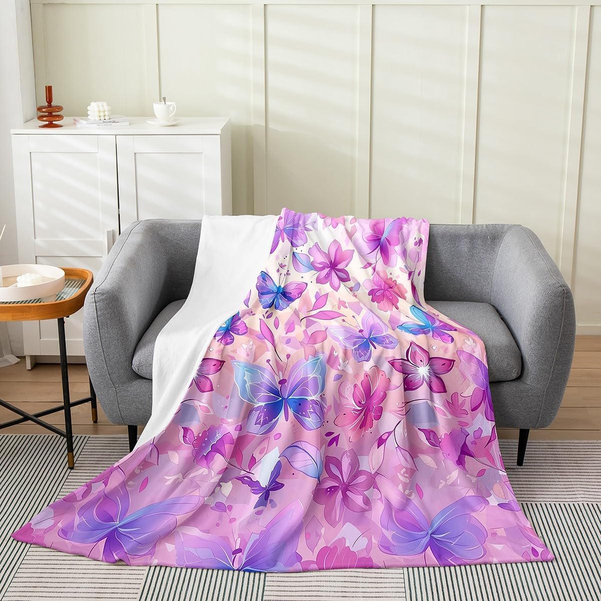 Erosebridal Purple Blue Butterfly Blanket for Kids Girls,Pink Floral Leaves Print Throw Blanket Queen 90x90 Inch,Ombre Butterflies Fleece Blanket,Retro Groovy Flower Fuzzy Blanket Soft Microfiber
