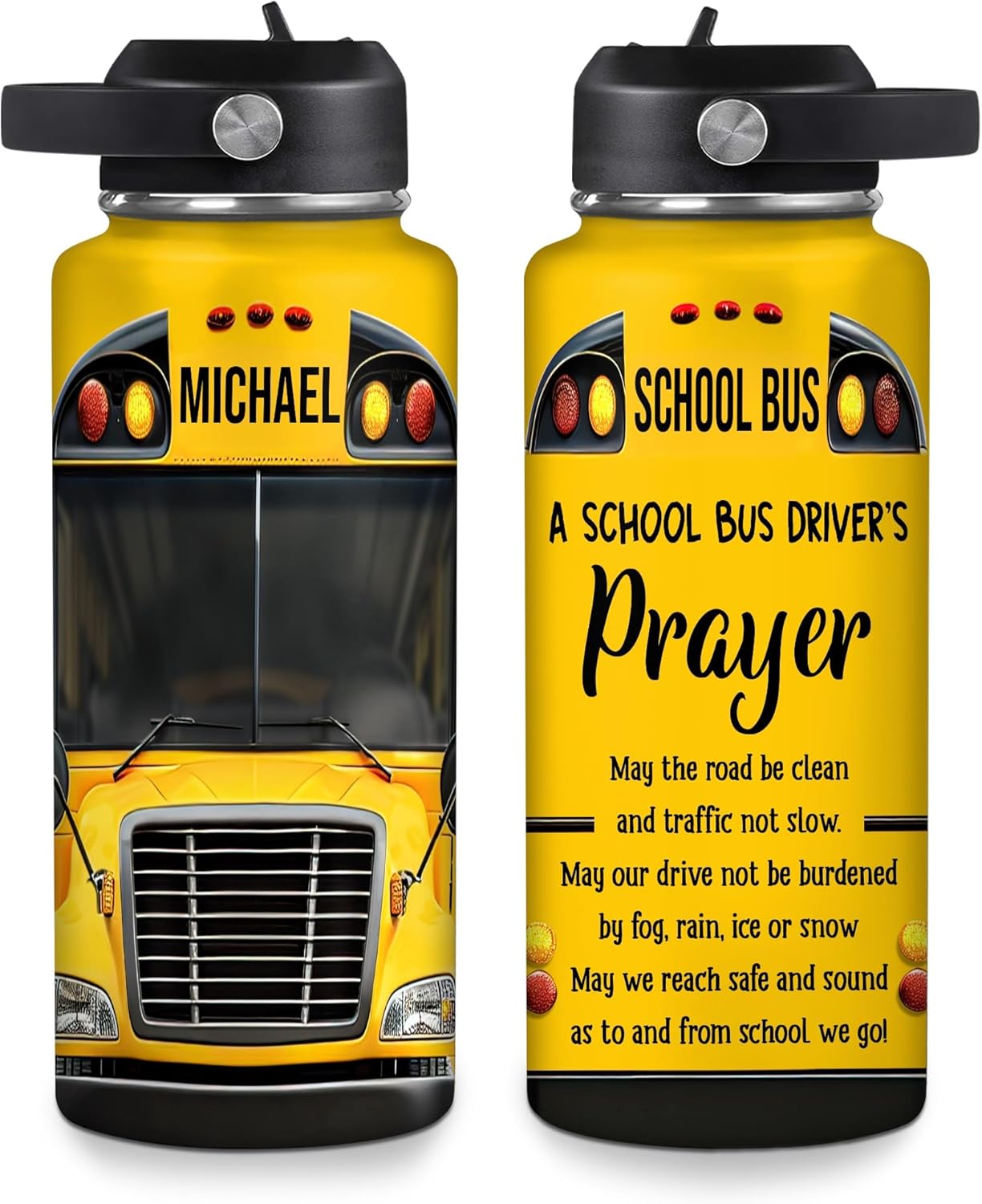 Hyturtle Personalized Bus Driver Water Bottle - Custom Name Travel Insulated Stainless Steel Bottle with Leak-Proof Lid 18oz 32oz - Bus Driver Gift for Men School Bus Drivers - Birthday, ChristmasGift