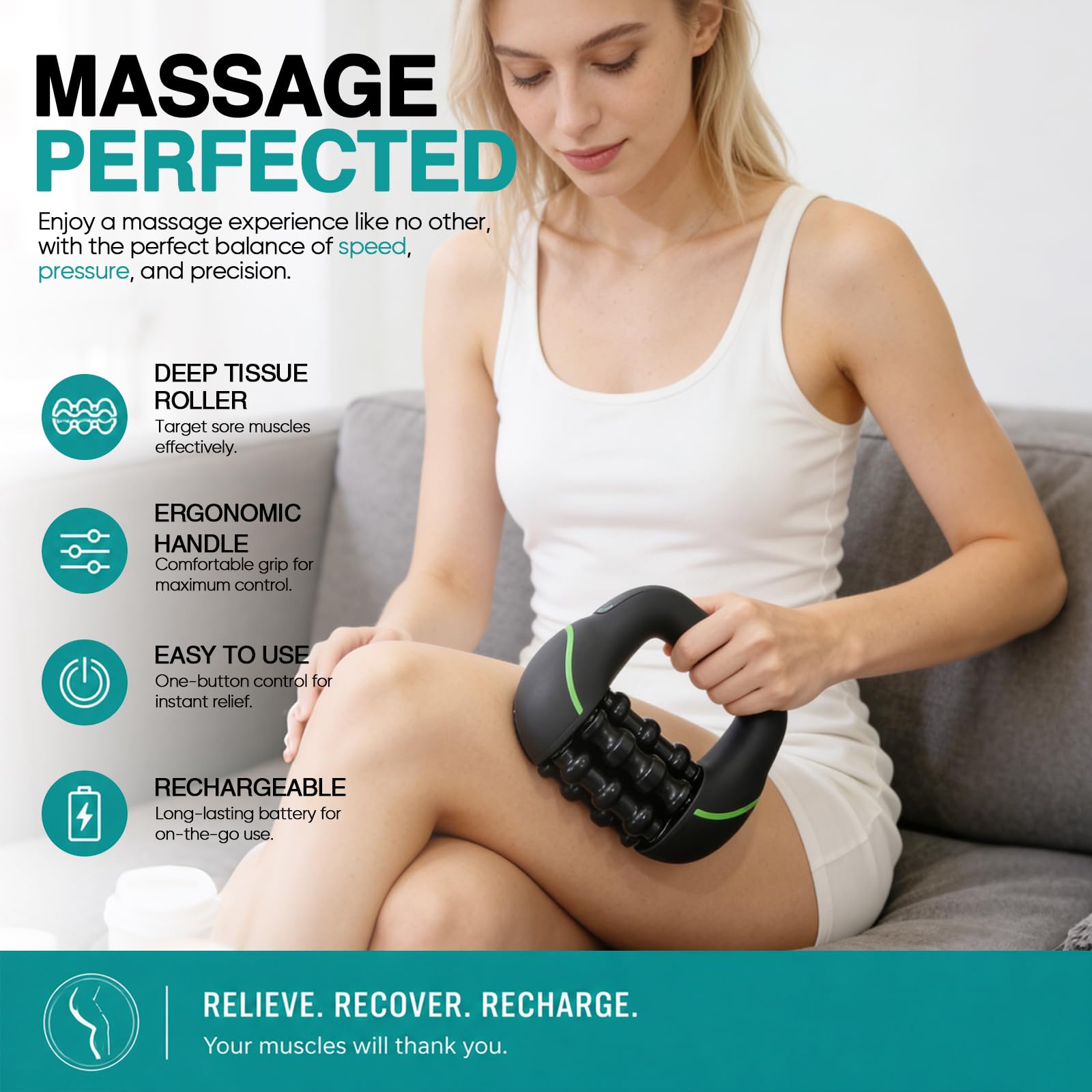 Elektrische Handmassagegerät mit Rollen,8 Geschwindigkeiten,Wiederaufladbare Tiefengewebsmassage für Rücken, Schultern & Beine, Elektrische Faszienrolle mit 6 frei drehbare Massageköpfe (B-8 Stufen)