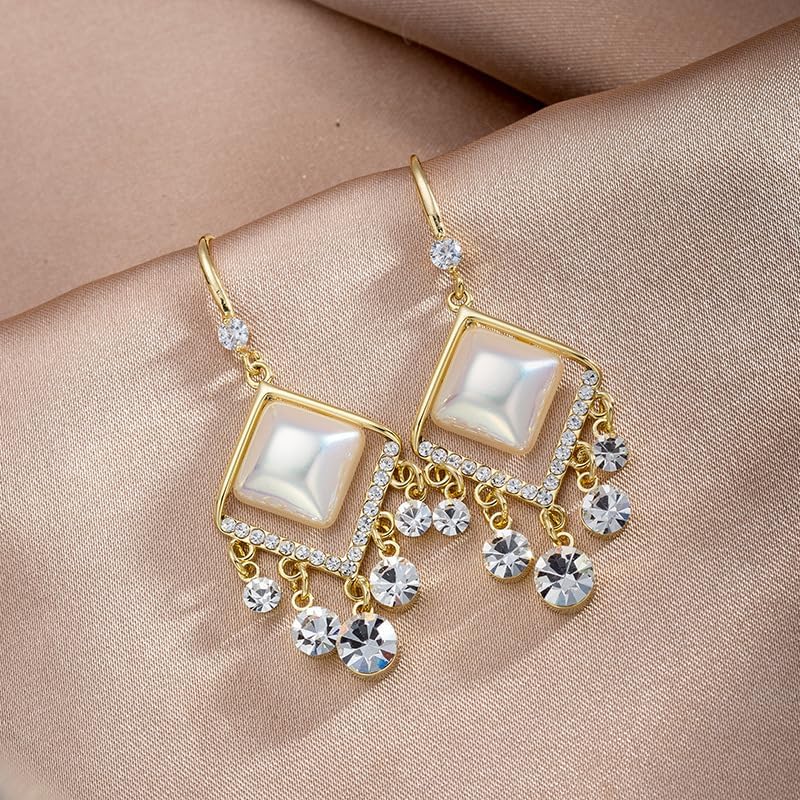 18K Gold Plated Elegant Gold-Tone Dangle Earrings with Faux Pearl Center and Cubic Zirconia – Statement Vintage Chandelier Style for Women - Image 2
