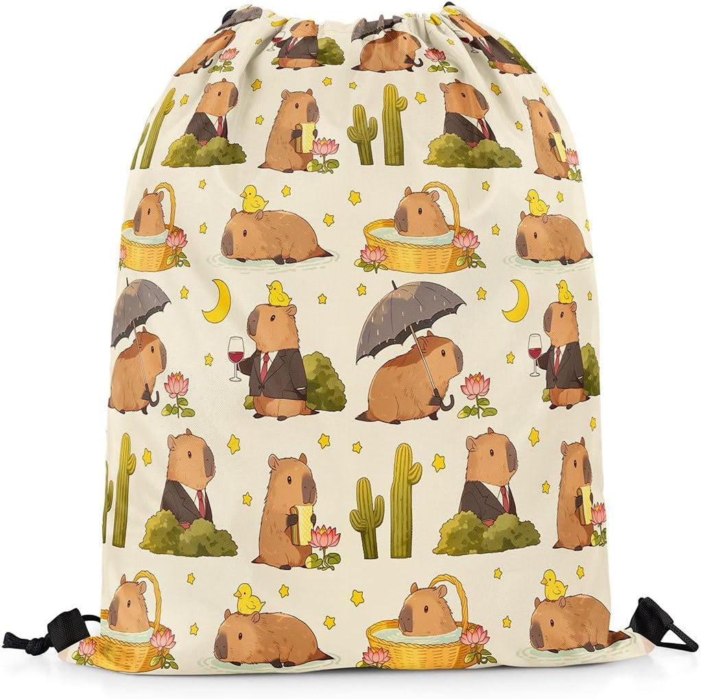 Feelyou Cartoon Capybara Drawstring Backpack Animals Waterproof Gym Drawstring Bags Stars Flowers Sports String Backpack Beach Swim Travel Bag Sackpack