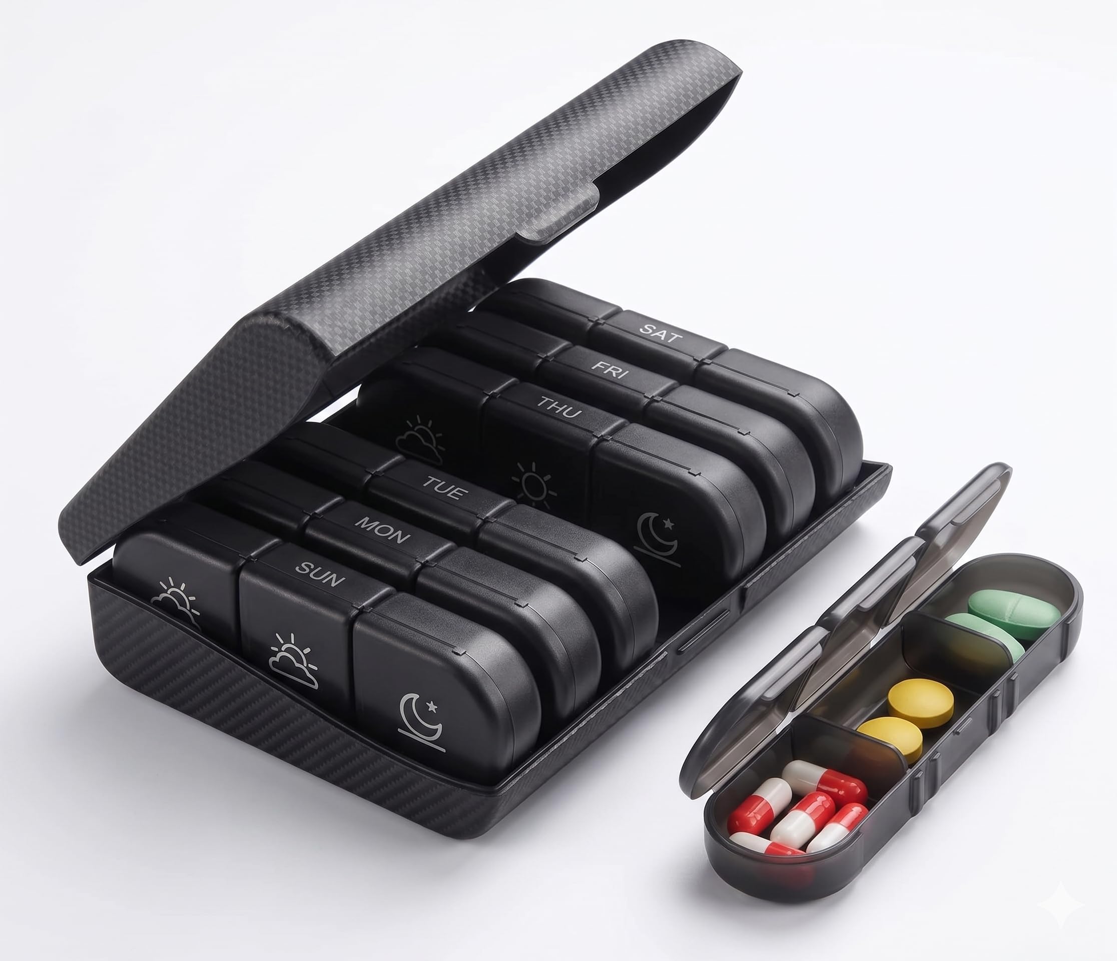Weekly Pill Organizer 3 Times a Day – 7 Day AM/PM Medicine Box, Travel Pill Case for Vitamins, Supplements & Tablets, Portable Multicolor Storage Organizer (Black)-image-33