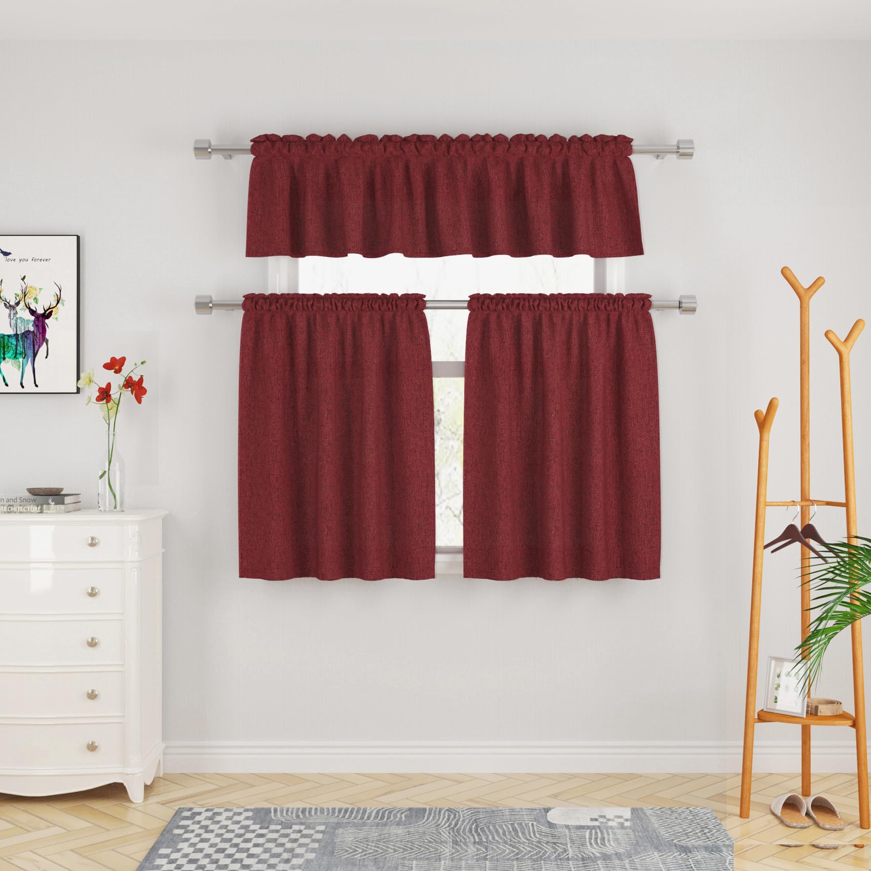 UPOPO Lot de 3 rideaux et cantonnière rouge texturé en lin pour cuisine, salle de bain, café, sous-sol, passe-tringle, 76,2 cm
