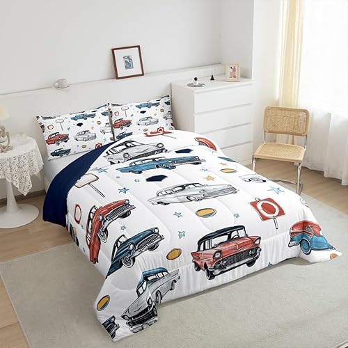 Miniatura 4 de Manfei Juego de edredón retro para automóvil, tamaño individual, juego de ropa de cama de vehículos de dibujos animados en acuarela para niños y