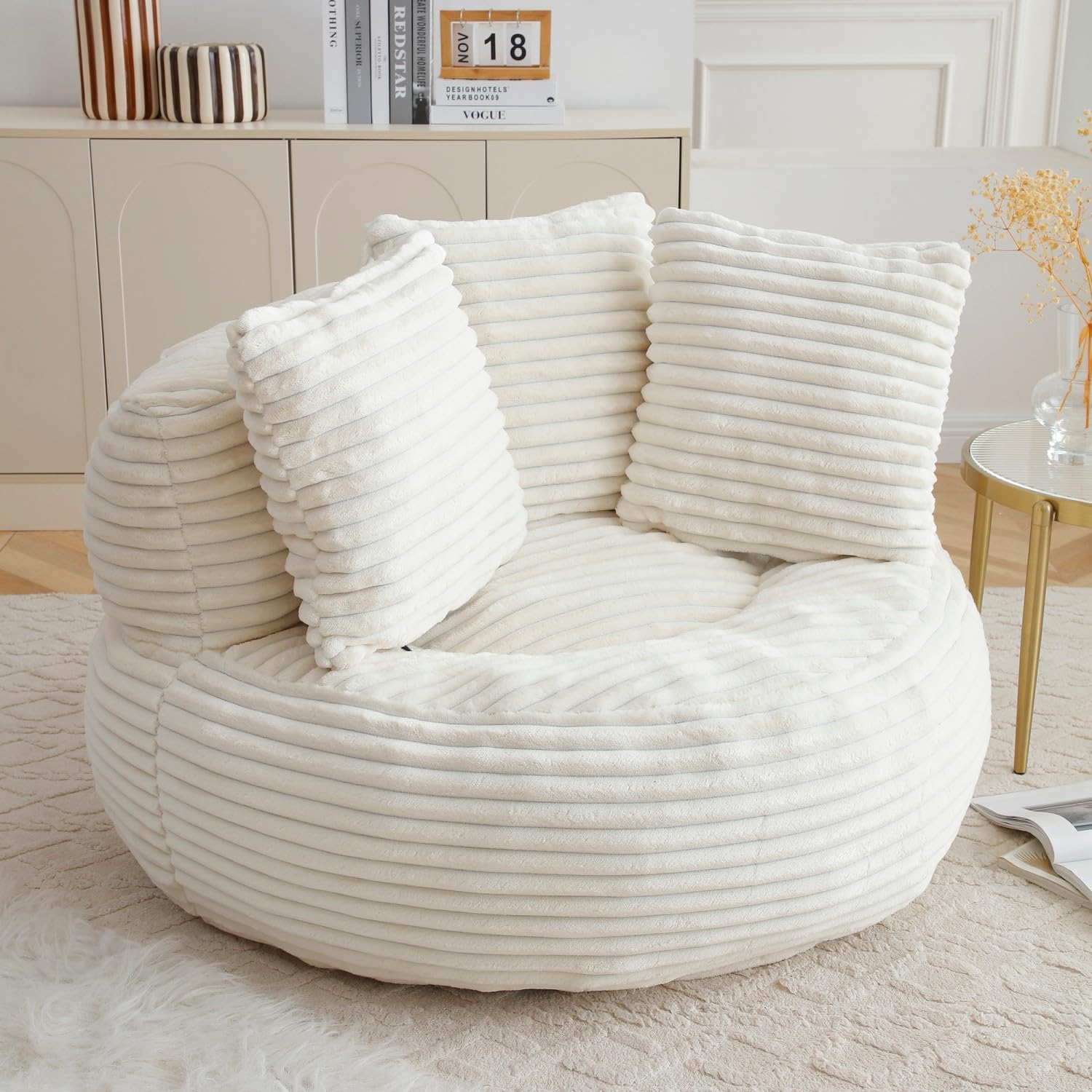 Bean Bag Chair, Corduroy Oversized Chair for Adults, Comfy Big Accent Sofa Lounge Floor Chair, Stuffed Bean Bag Couch for Gaming, Reading, Living Room, Bedroom, Beige