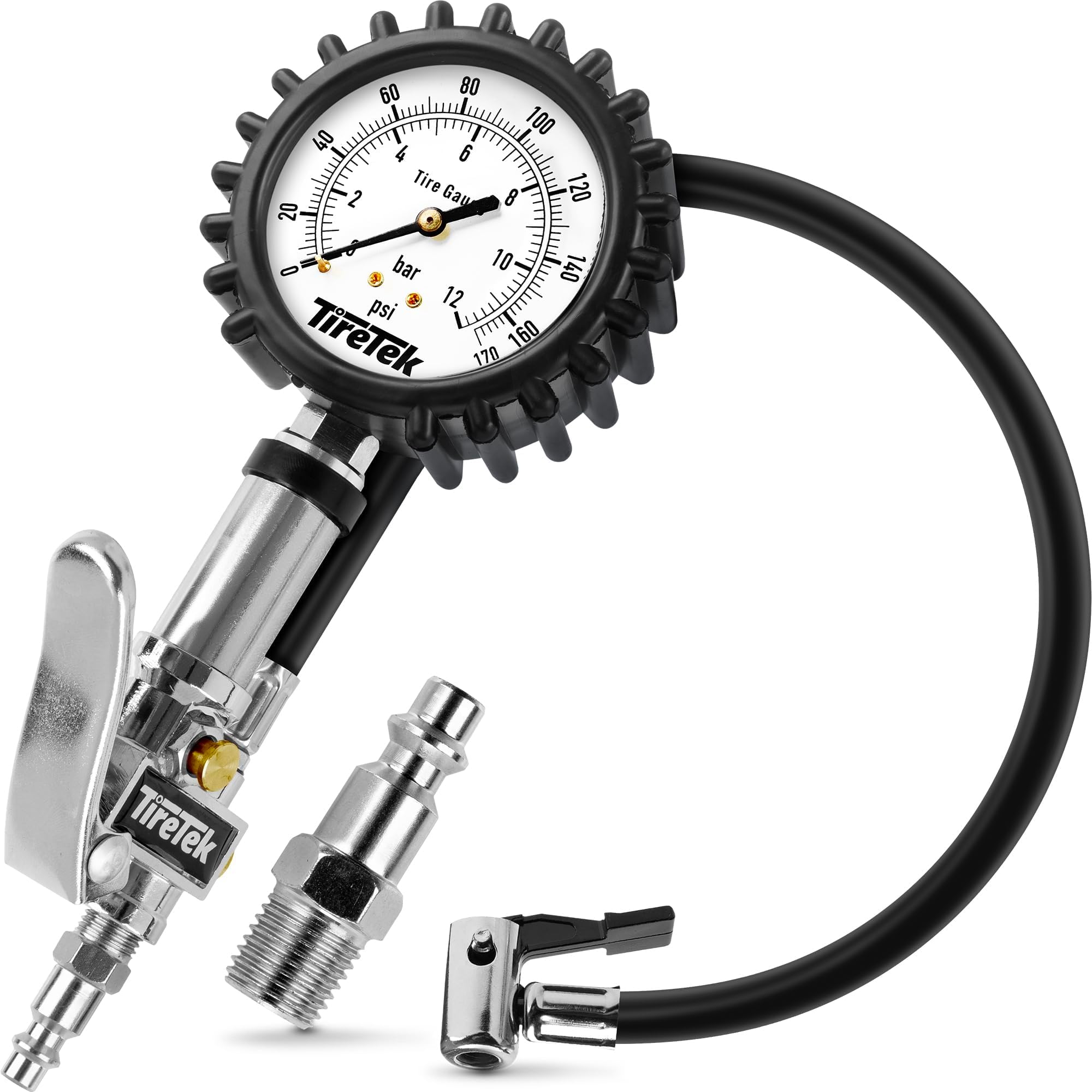 TIRETEK Tire Pressure Gauge with Inflator (170 PSI) - Air Pressure Gauge for Tires - Air Compressor Tire Inflator Attachment