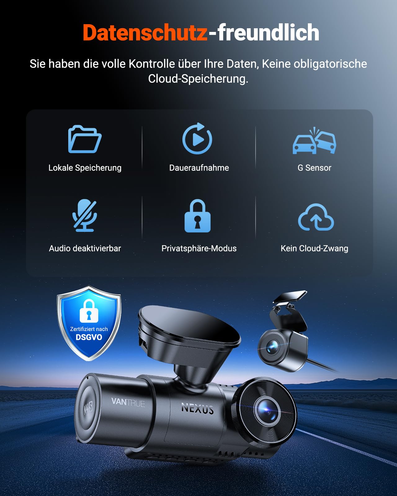 VANTRUE N4S 3 Kanal Dashcam 2.7K+2.5K+1440P STARVIS 2 HDR Nachtsicht 5GHz WLAN GPS 24h Parküberwachung G-Sensor