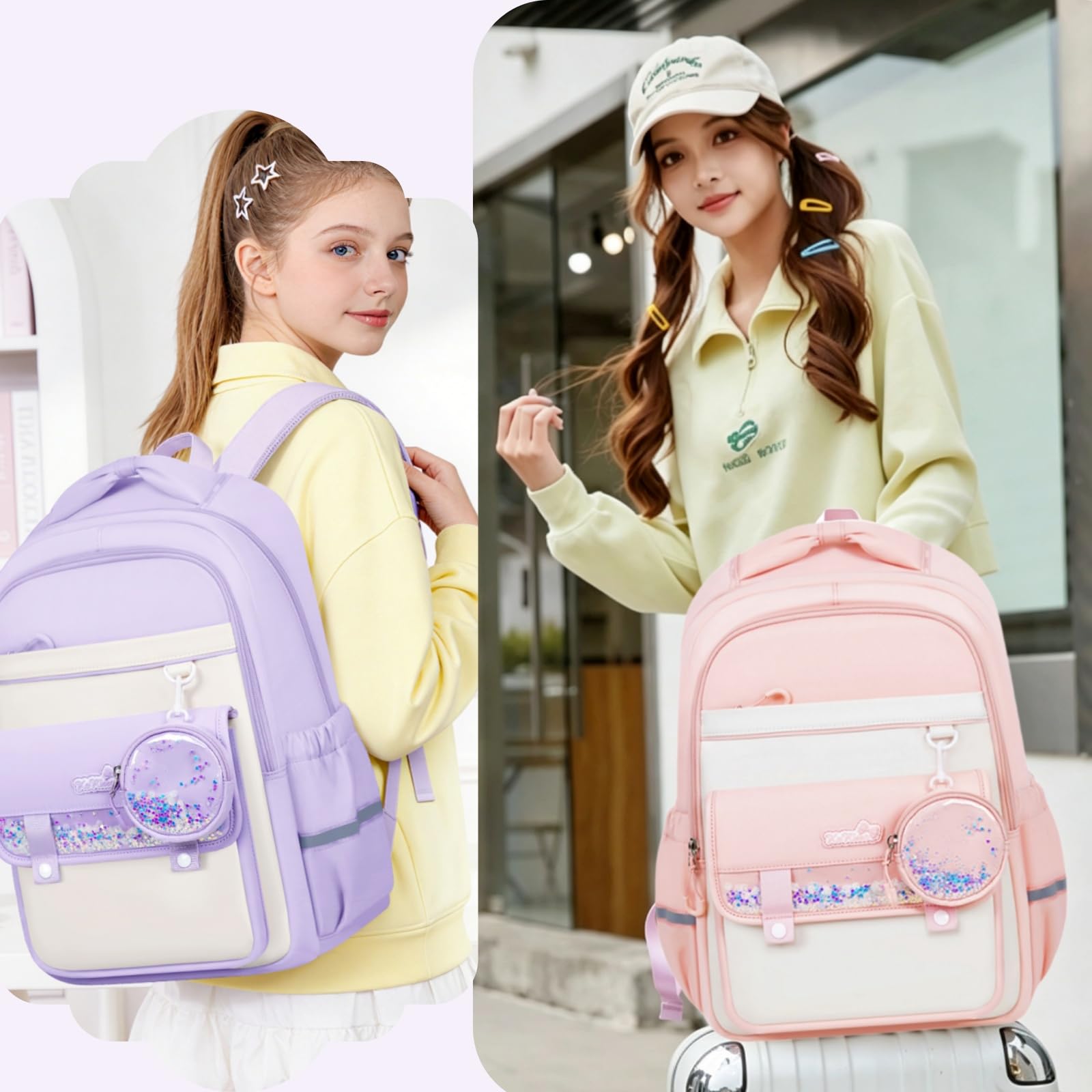Zaino per bambini per la scuola elementare per ragazze e bambini, grazioso zaino con portamonete scintillante, Viola, L, Classico