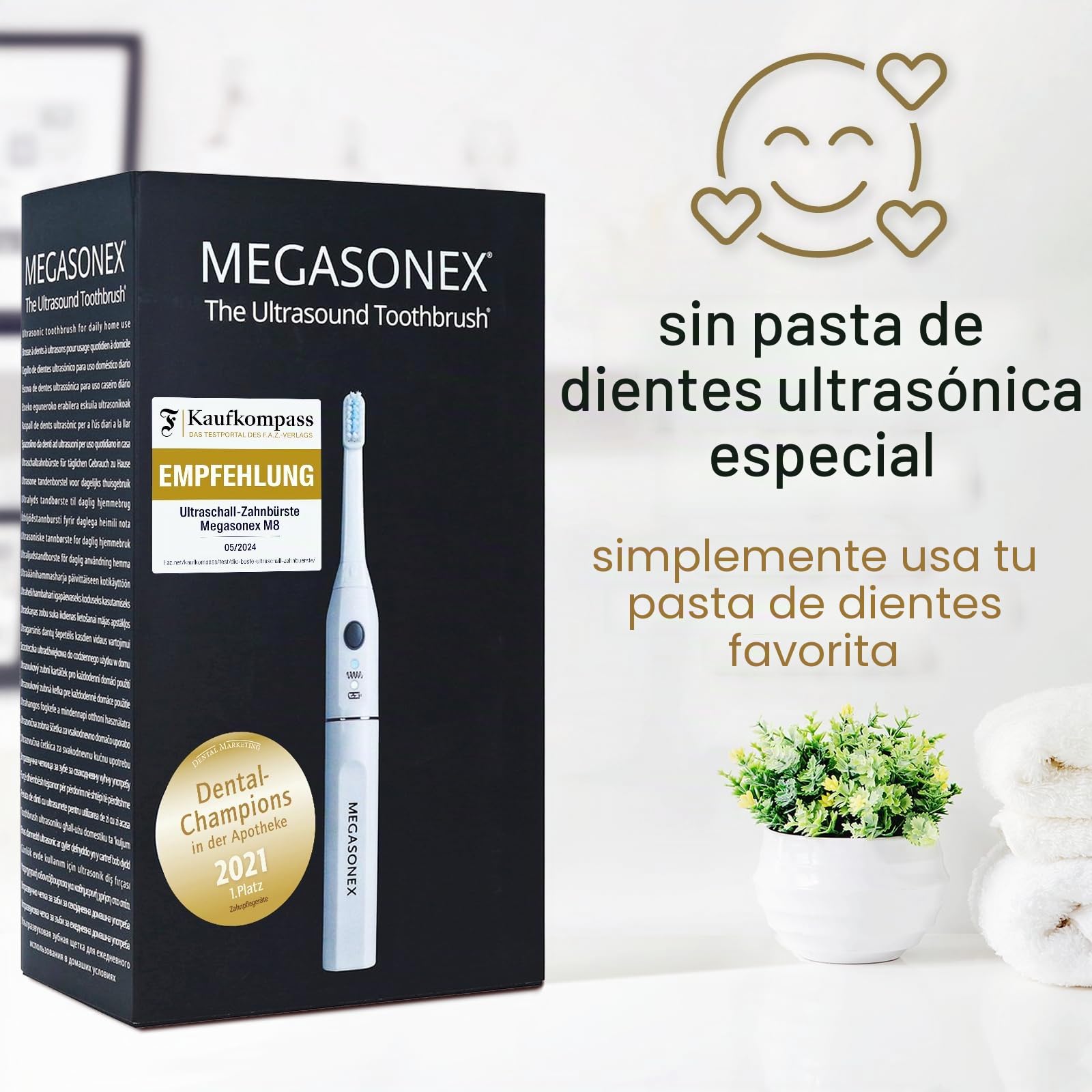MEGASONEX Cepillo de dientes ultrasónico M8 – con 2 niveles de vibración – además incluye 4 cabezales de cepillo Soft
