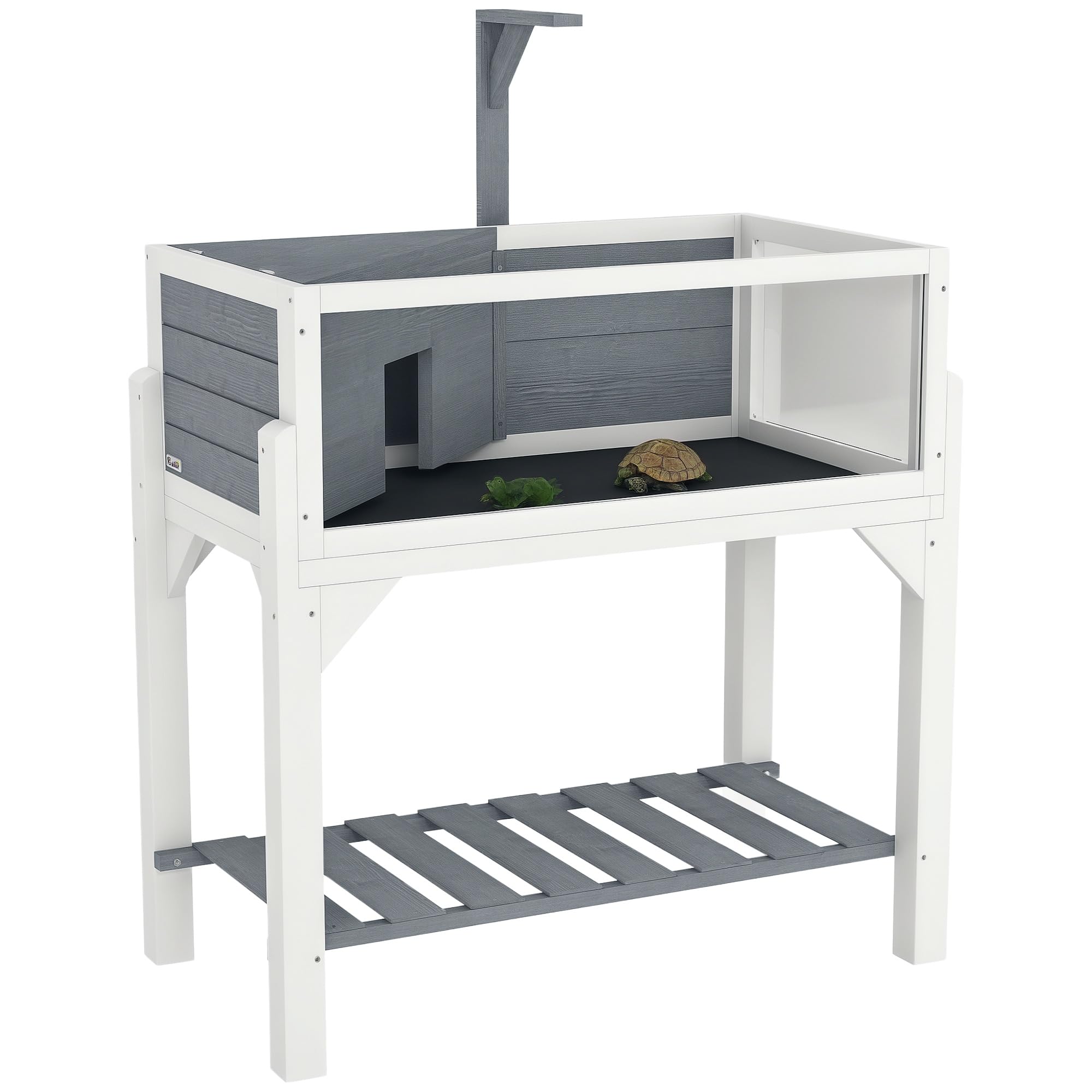 PawHut Wooden Tortoise House with Storage Shelf, Tortoise Enclosure, Grey