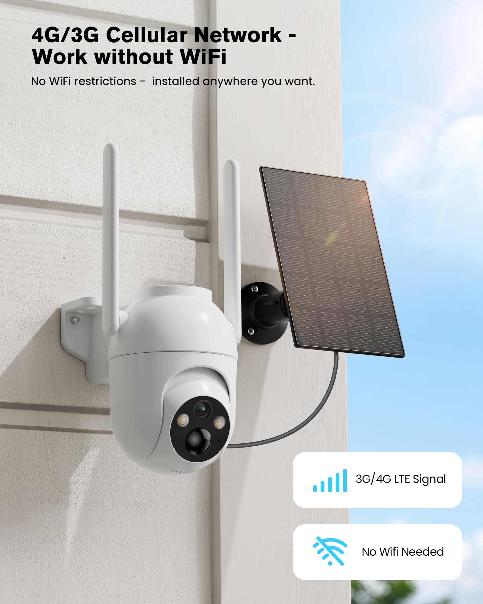 BECAMSO 4G LTE Telecamera Esterno Solare con Sim: Telecamere Batteria Senza Fili - 360° PTZ Videocamera Sorveglianza Esterno - Visione Notturna Colori IP66 2 Vie Audio