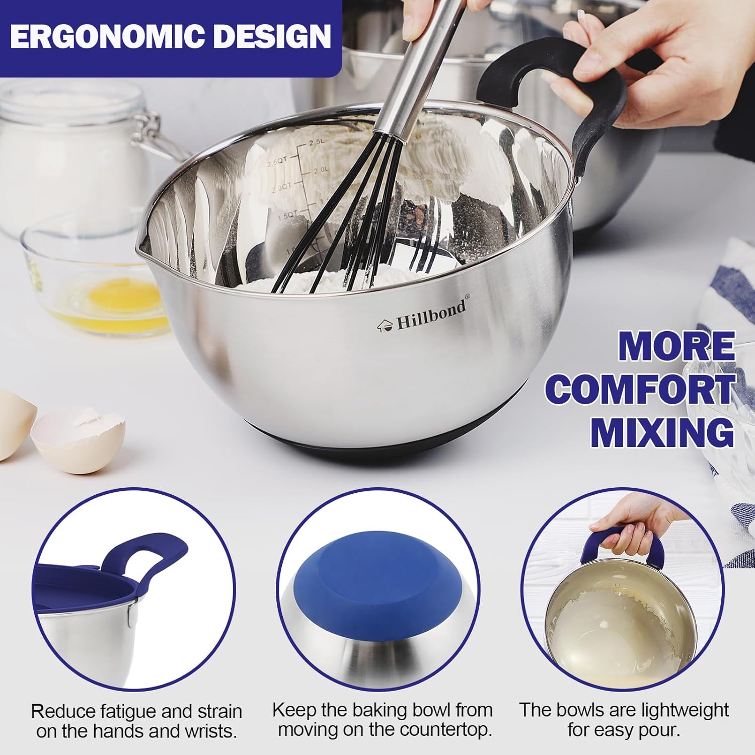 Hillbond Mixing Bowls with BPA Free Airtight Lids Stainless Steel Nesting Bowls with Pour Spout, Silicone Handle Non-Slip Bottoms for Baking, Dishwasher Safe Metal Bowls, 1.5, 3, 5 QT (Blue)