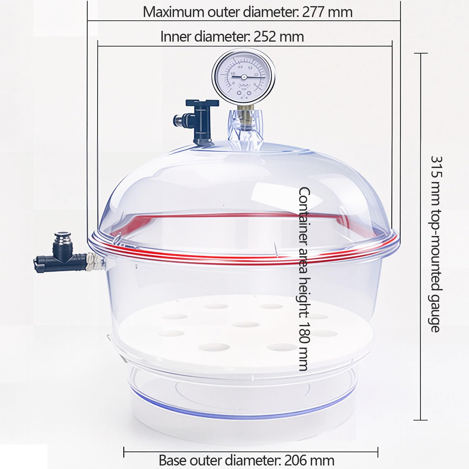 Desecador Al Vacío De Pc, Contenedor De Secado Al Vacío Transparente De 150/250 Mm, con Doble Válvula De Vacío, Manómetro Y Junta De Silicona Fiable, Material Reforzado, 250mm