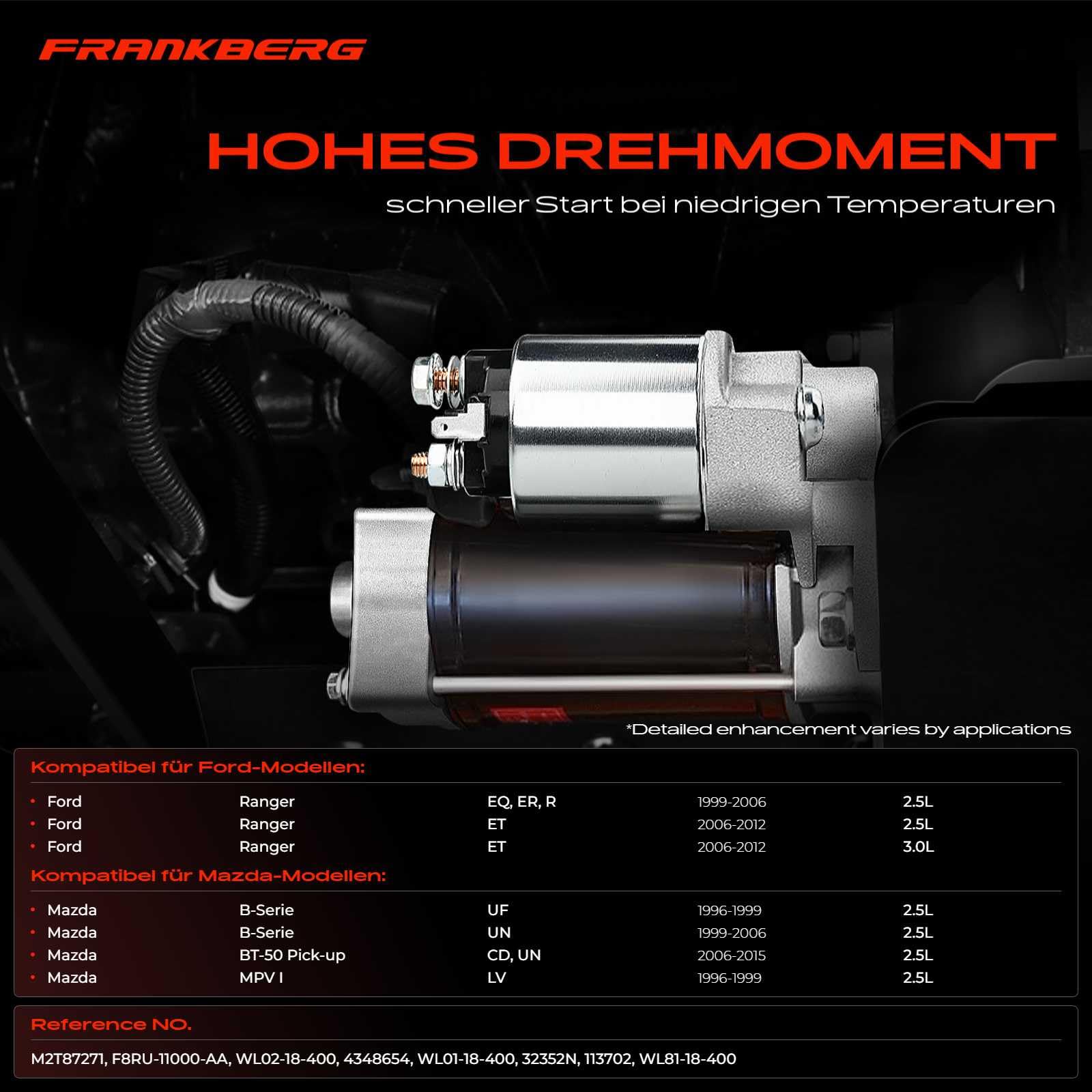 Frankberg Motor de arranque 22 kW 12 V 10 dientes 113702 | Compatible con: MPV I LV, Serie B UN, BT-50 Recogida de CD UN, Serie B UF, Ranger EQ ER R, Ranger ET