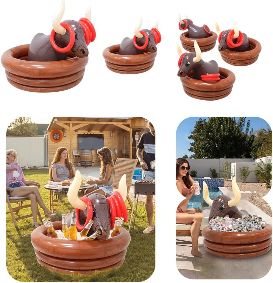 Inflatable Cooler, Floating Bull Drink Cooler with 4 Ring Toss Game, Thick Tear PVC Pool Ice Holder Basket, Pool Party Bull Cooler Beverage Serving Container for Outdoor Beach Camping BBQ
