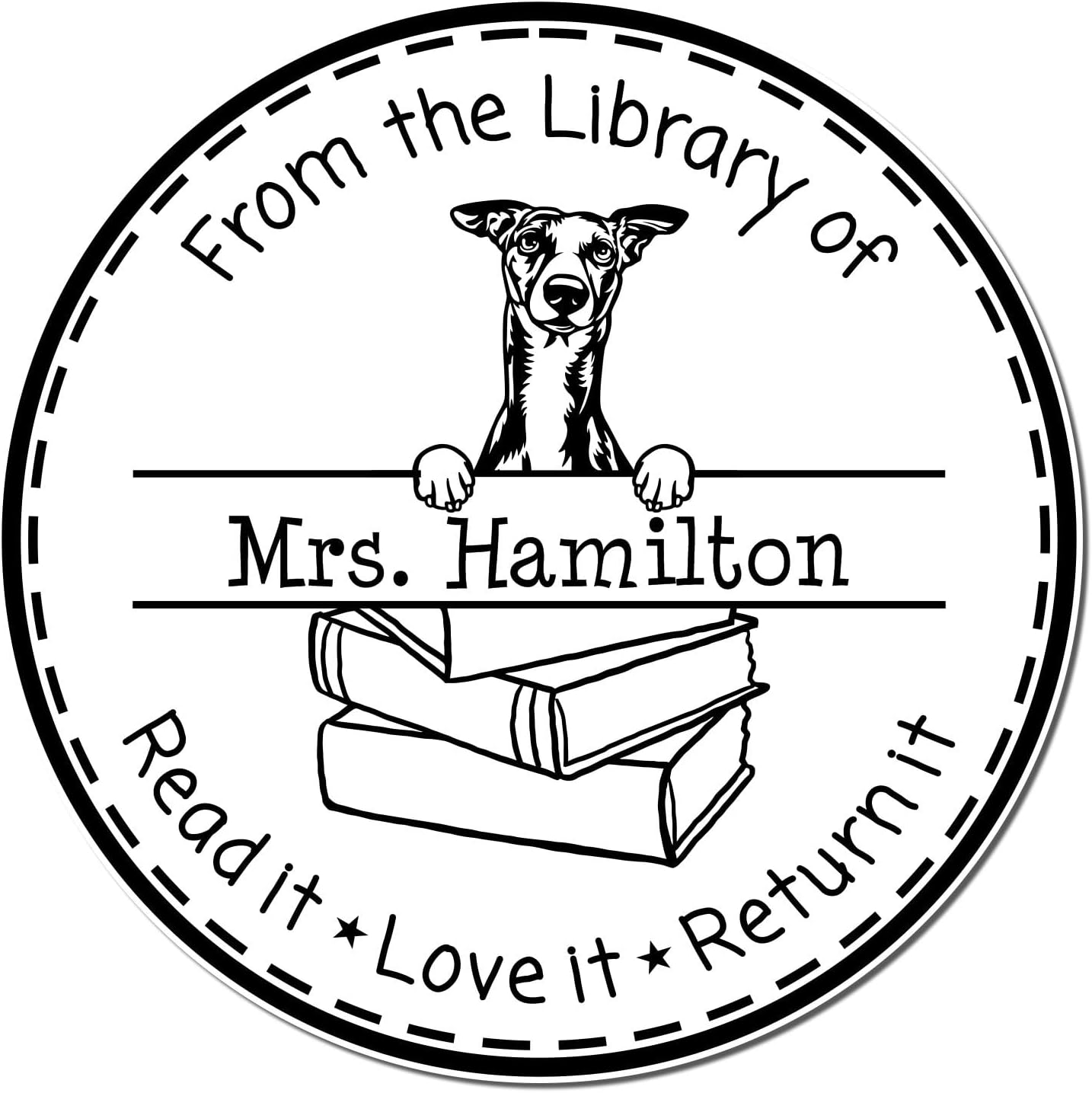 Whippet Dog Personalized Classroom Book Return Reminder Stamp - Customized Please Return My Library Book Embossed Stamp - Unique Name Embosser for Teachers Who Love Whippets - School Supplies