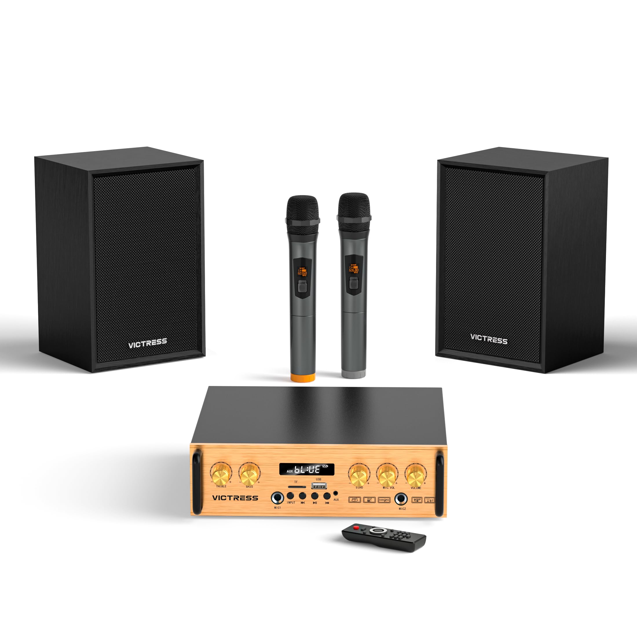 VICTRESS Bluetooth Audio Amplifier Receiver, 80W Home Stereo System with 2 Speakers, 2 Wireless Microphones, RCA Coaxial AUX USB TF Inputs, Bass Treble Echo Control, for Family-Gold