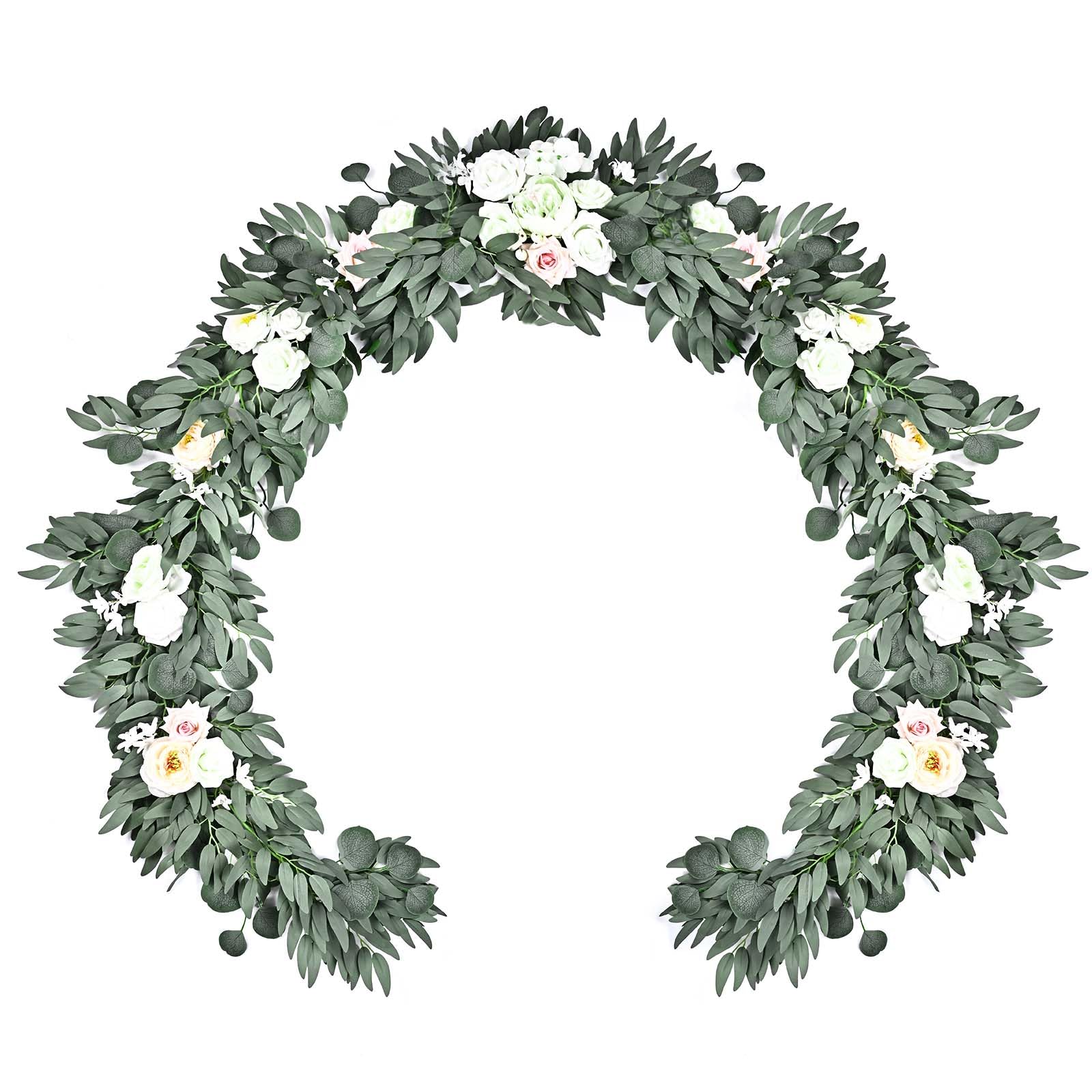 9 FT Artificial Eucalyptus Garland with Flowers, Fake Rose Vine for Wedding Sweetheart Table Centerpieces Head Table Decor Arch Backdrop Ceremony Reception Decoration