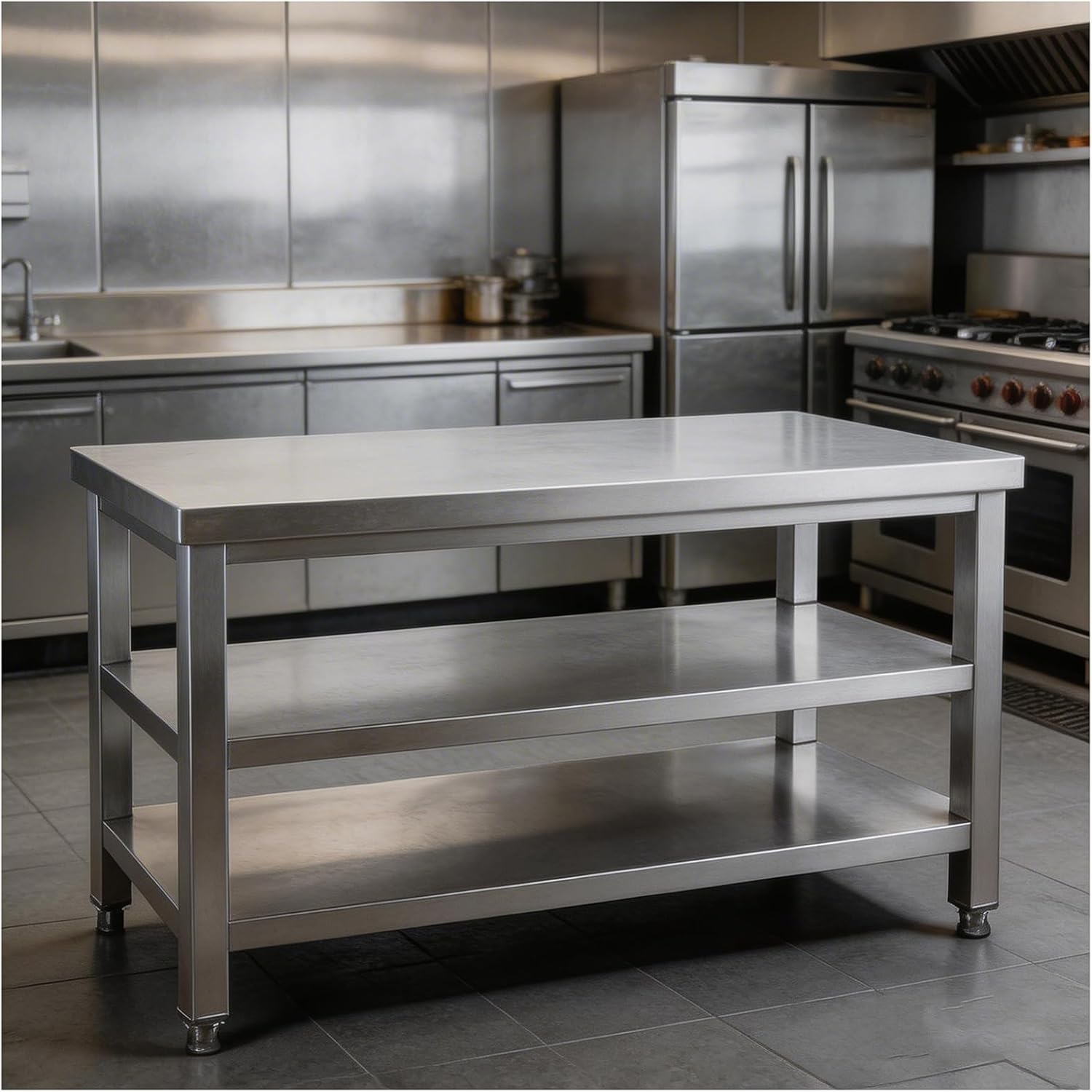Three-Tier Stainless Steel Workbench with Adjustable Legs Commercial Kitchen Work Table Reinforced Cross-Beam Construction Triangular Joint Structure Thickened Square Tubing Suitable for Hotels