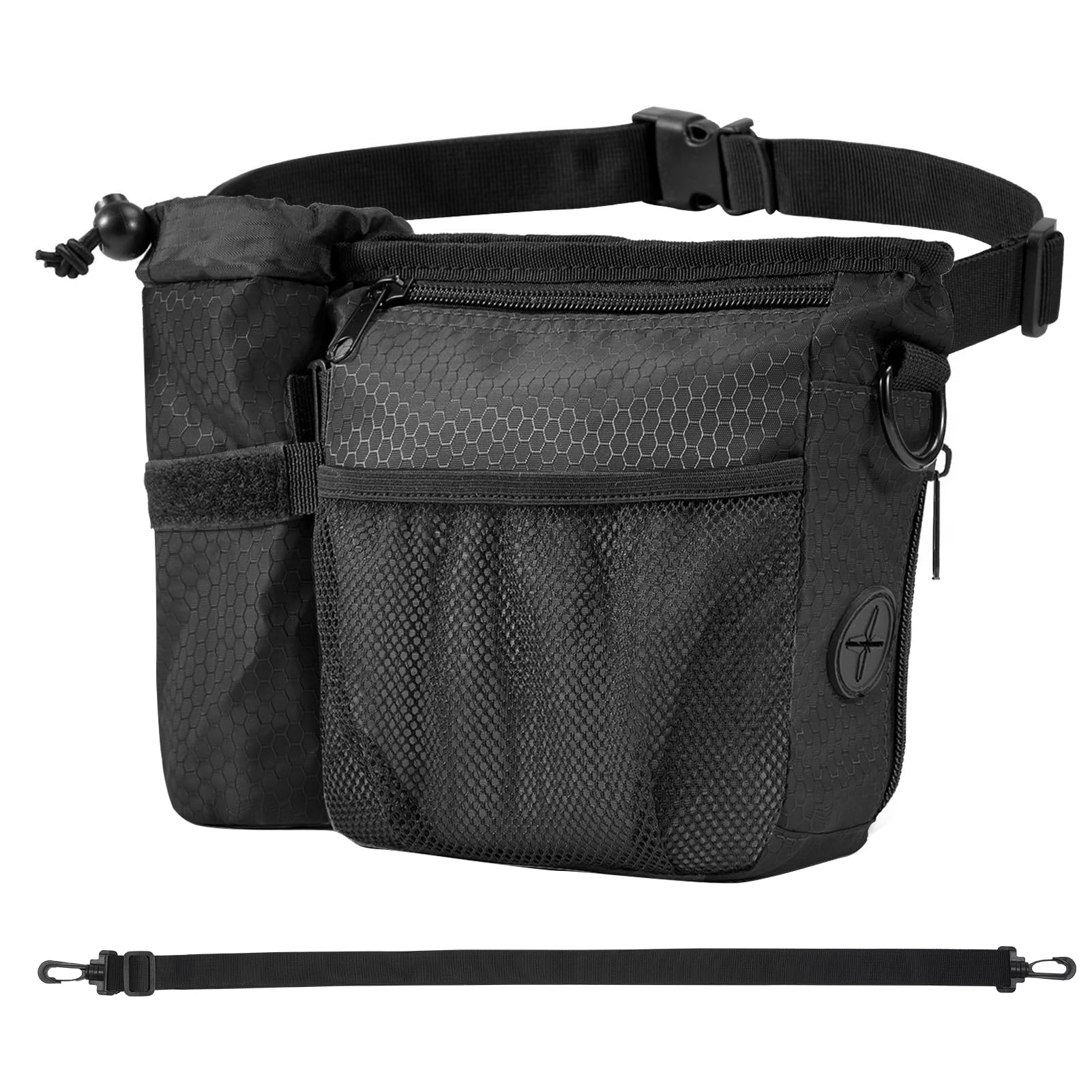 Dog Treat Training Pouch with Magnetic Zipper Closure - Built-in Poop Bag Dispenser, Side Pocket for Dog Water Bottle, 3 Ways to Wear,Carry Kibble & Pet Toys (Black)