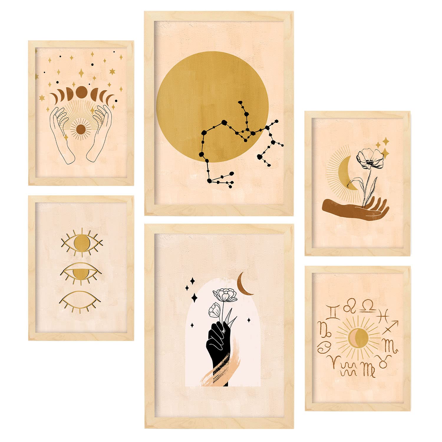 Nacnic Set of 6 Mystic posters. Collection of posters in collage aesthetic for interior decoration. Sizes A3 and A4. Wooden frame.