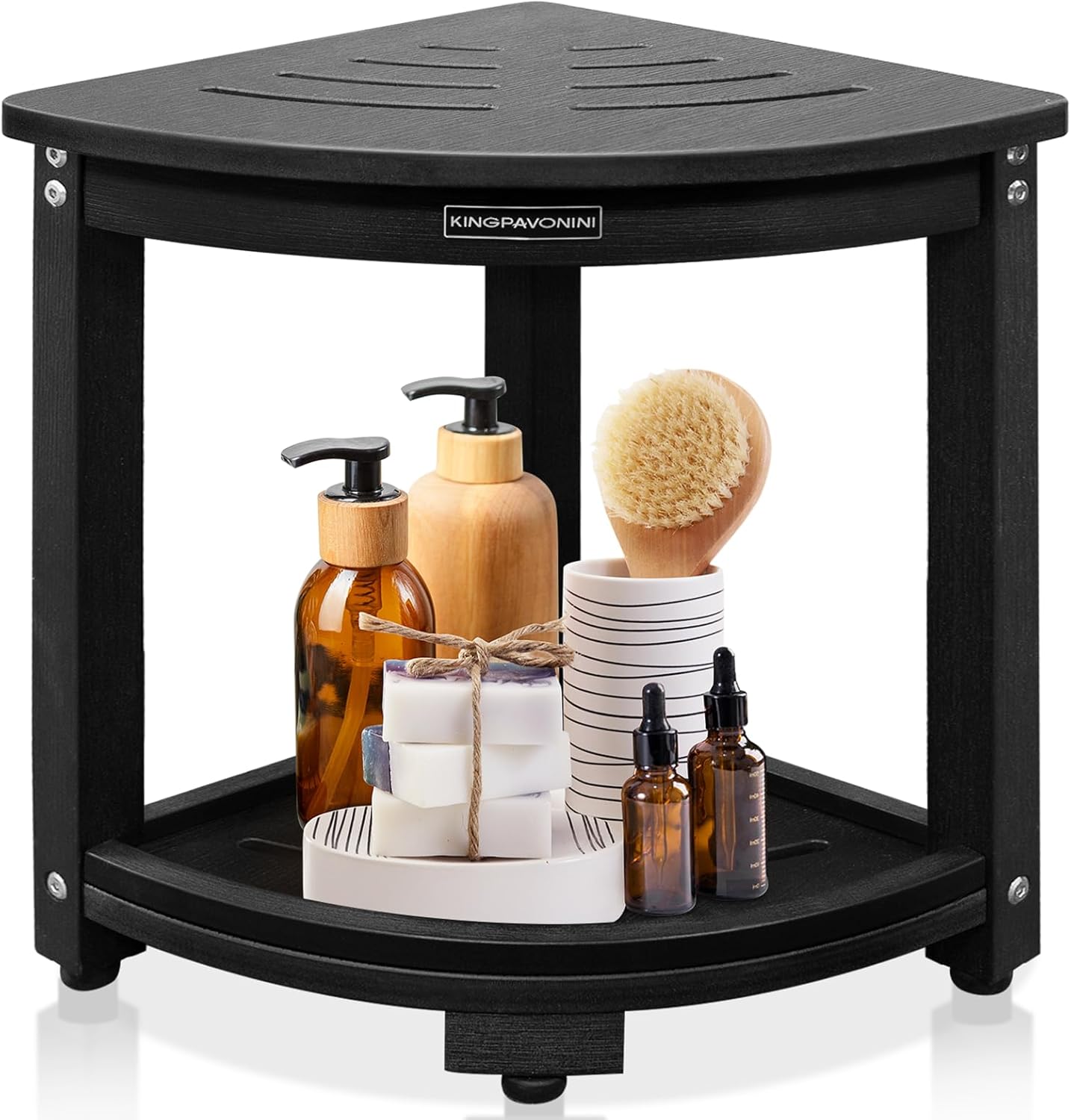 KingPavonini HDPS Corner Shower Stool for Inside Shower, Waterproof Shower Bench, Anti-Fracture & Anti-Fading Shower Seat with Storage Shelf, Rapid Assembly, Load 400 Pounds