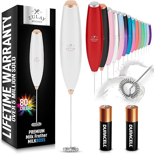 Zulay Kitchen - Espumador de leche eléctrico de mano con pilas AA Duracell batidora de bebidas resistente para café, latte, capuchino y más, color