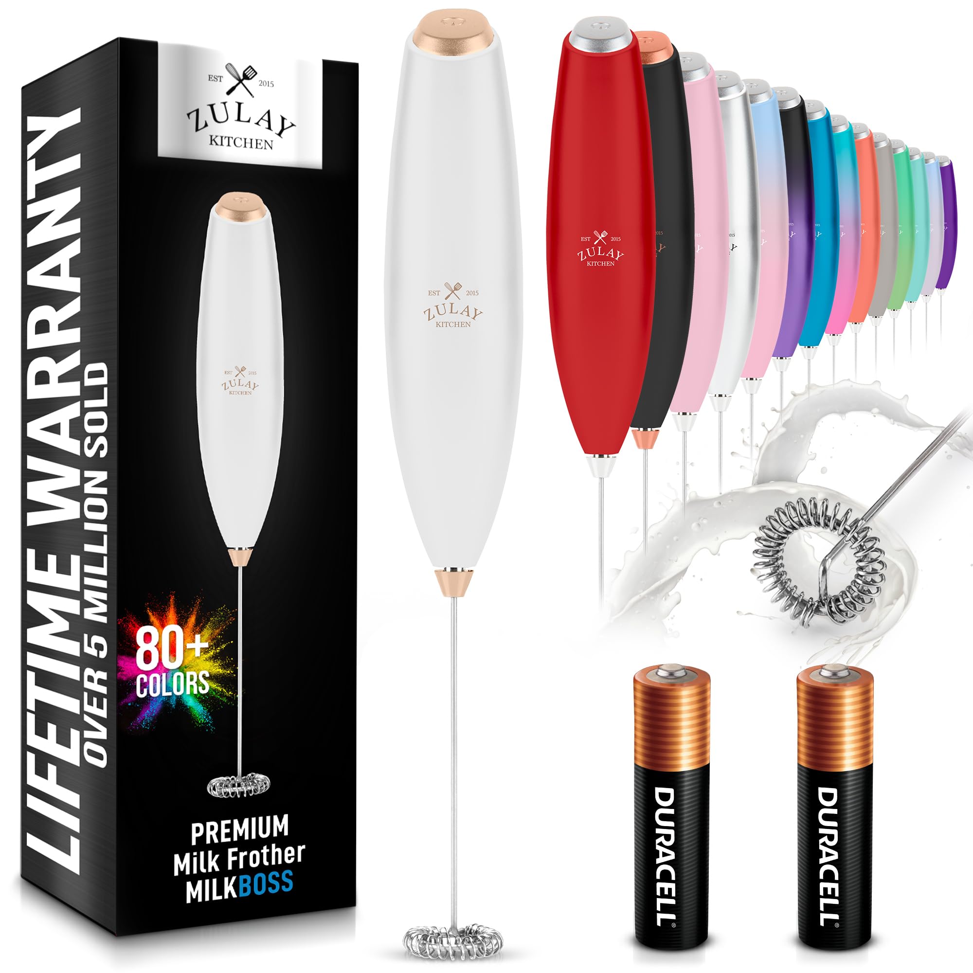 Zulay Kitchen Milk Frother Handheld Electric Whisk with AA Duracell Batteries – Durable Drink Mixer for Coffee, Lattes, Cappuccinos & More - White Rose Gold