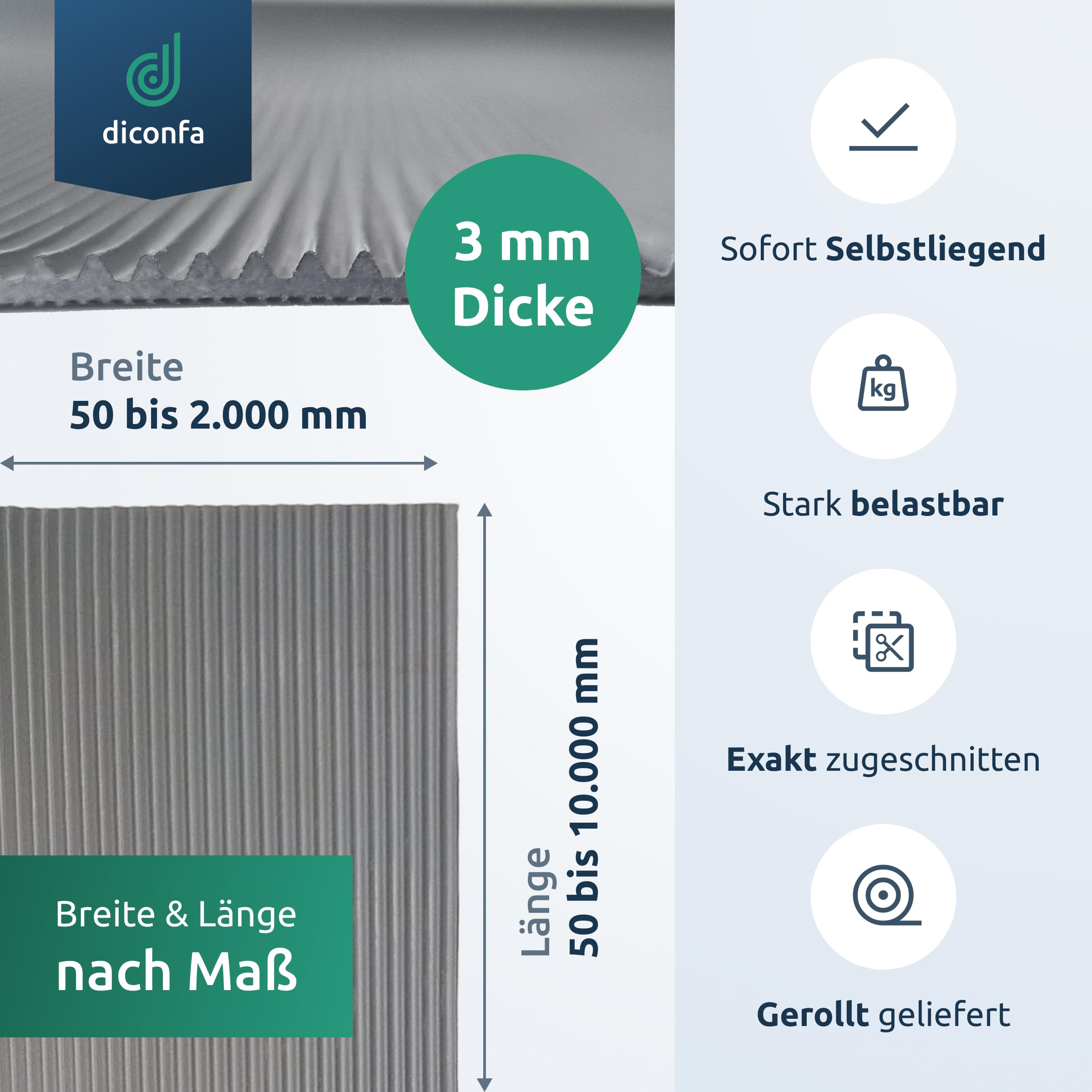 diconfa Gummimatte GRAU Feinriefenmatte GERUCHSARM 3mm stark - BREITE 0,1m bis 1,4m - LÄNGE 0,05m bis 10m - Auswahl 140cm x 200cm (1,4m x 2m) - Rillenmatte Antirutsch Meterware rutschfest