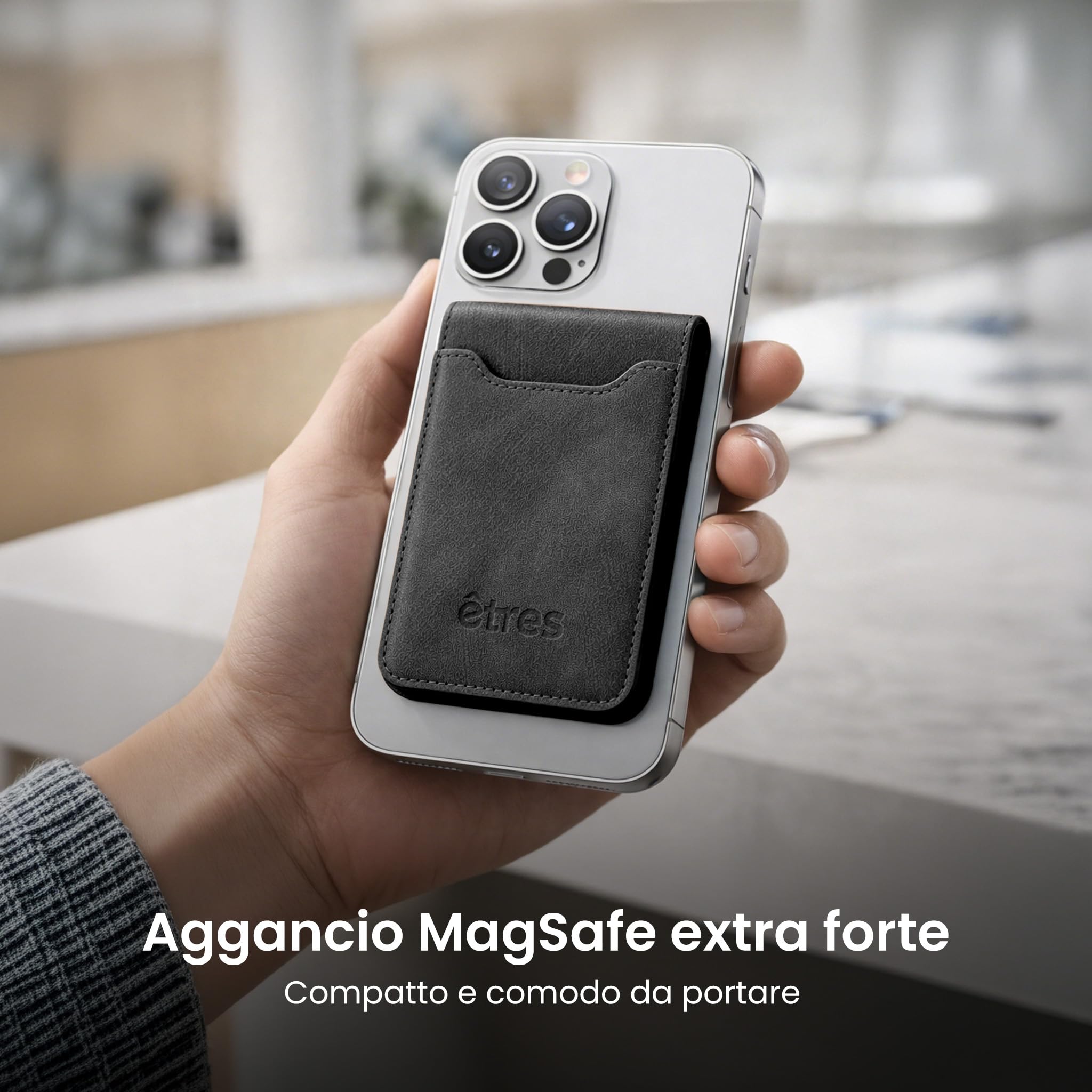 Porta Carte di Credito Schermato - Modello Deux - Fino a 7 Carte, Protezione RFID - Portacarte MagSafe Compatibile, Anello Magnetico Incluso - In Pelle Vegana (NERO)