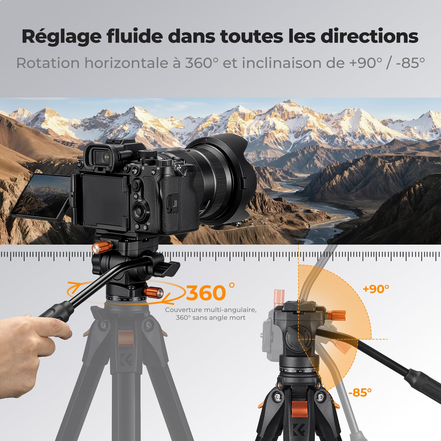 K&F Concept Tête Fluide Plastique 360° Charge 3,45kg | Légère, compatible Arca-Swiss, pour voyage/extérieur/vlog - FH04