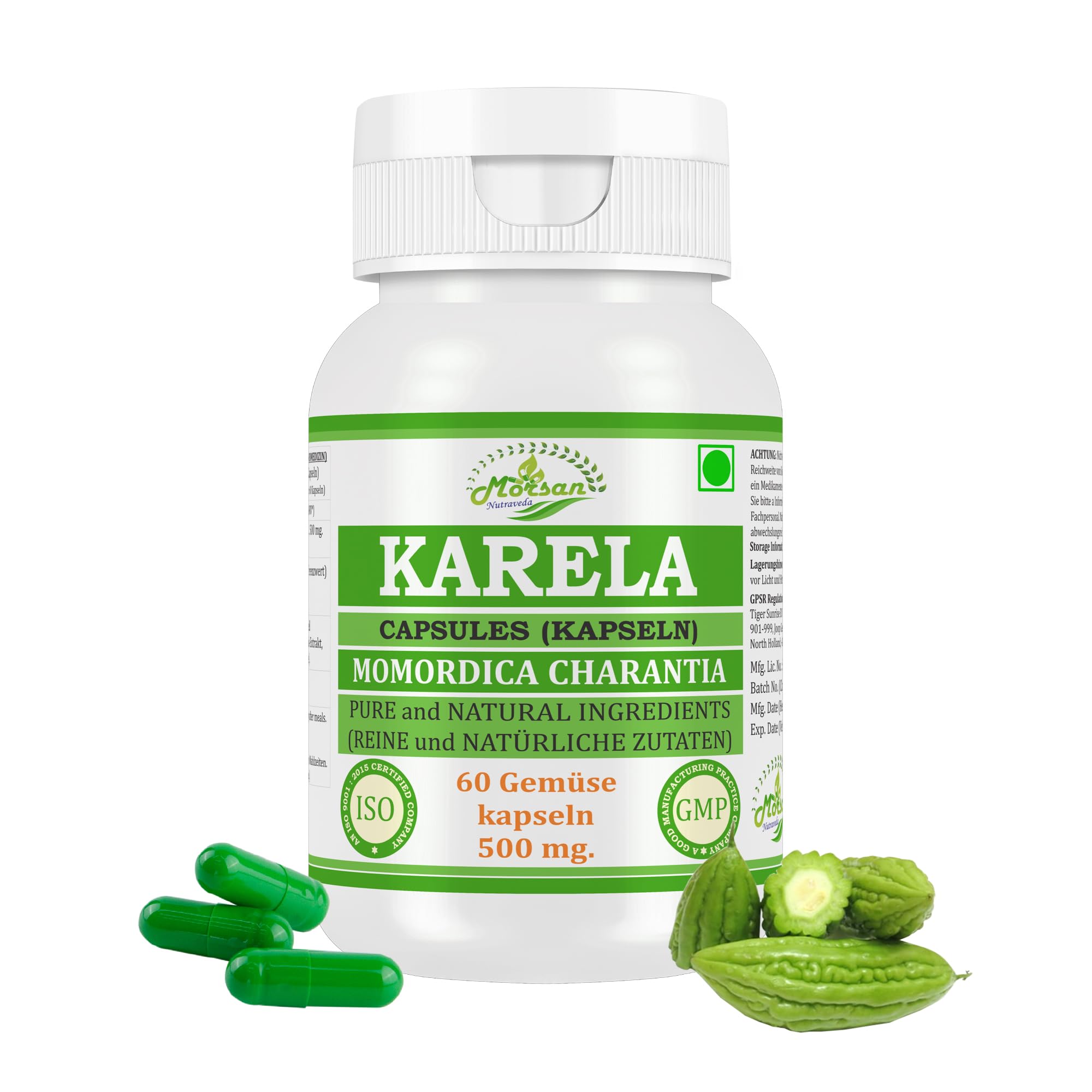 Bitter Melon-Kapsel 500 mg. 60 Veganer. Einheiten | Karela (Momordica charantia) Extrakt-Kapseln für Männer und Frauen | Ayurvedische Kräuterergänzung | 10:1 Stärke (1 Flasche mit 60 Kapseln)
