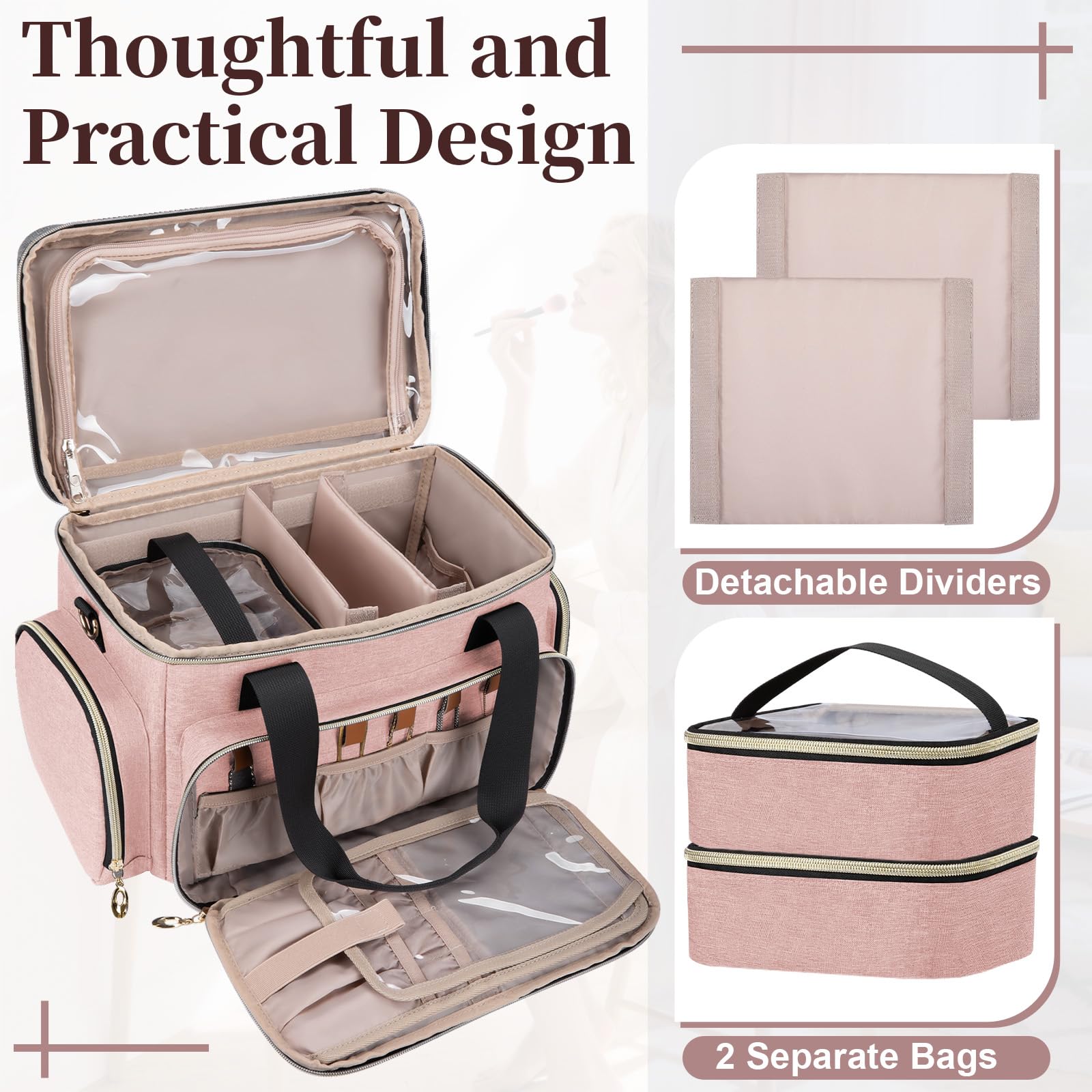 GDNasist Grande borsa di trucco, borsa portatile di trucco di viaggio, rosa, 13.58" L * 7.87" W * and 9.45" H, Classico