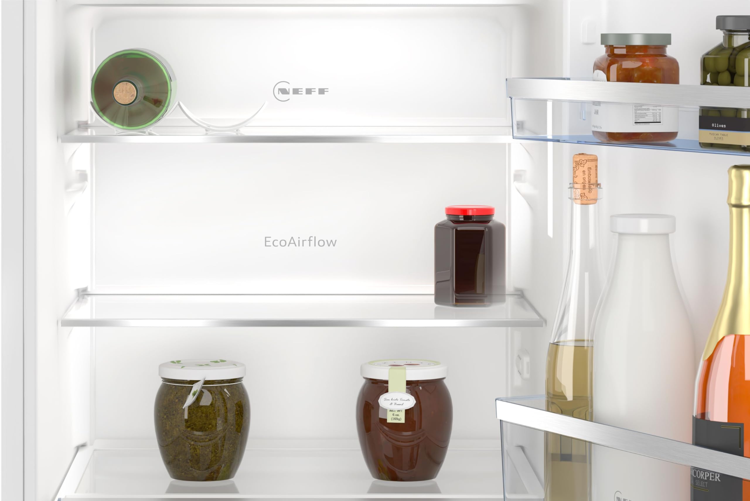 NEFF KI2322FE0, N 50, Einbaukühlschrank mit Gefrierfach, 102,5x56 cm (HxB), Kühlen 132l, Gefrieren 15l, 35dB, LED Beleuchtung, Fresh Safe, Eco Air Flow,Flachscharnier, Made in Germany | Made in Germany, 147 L Kapazität, flexible Glasböden für variablen Pl