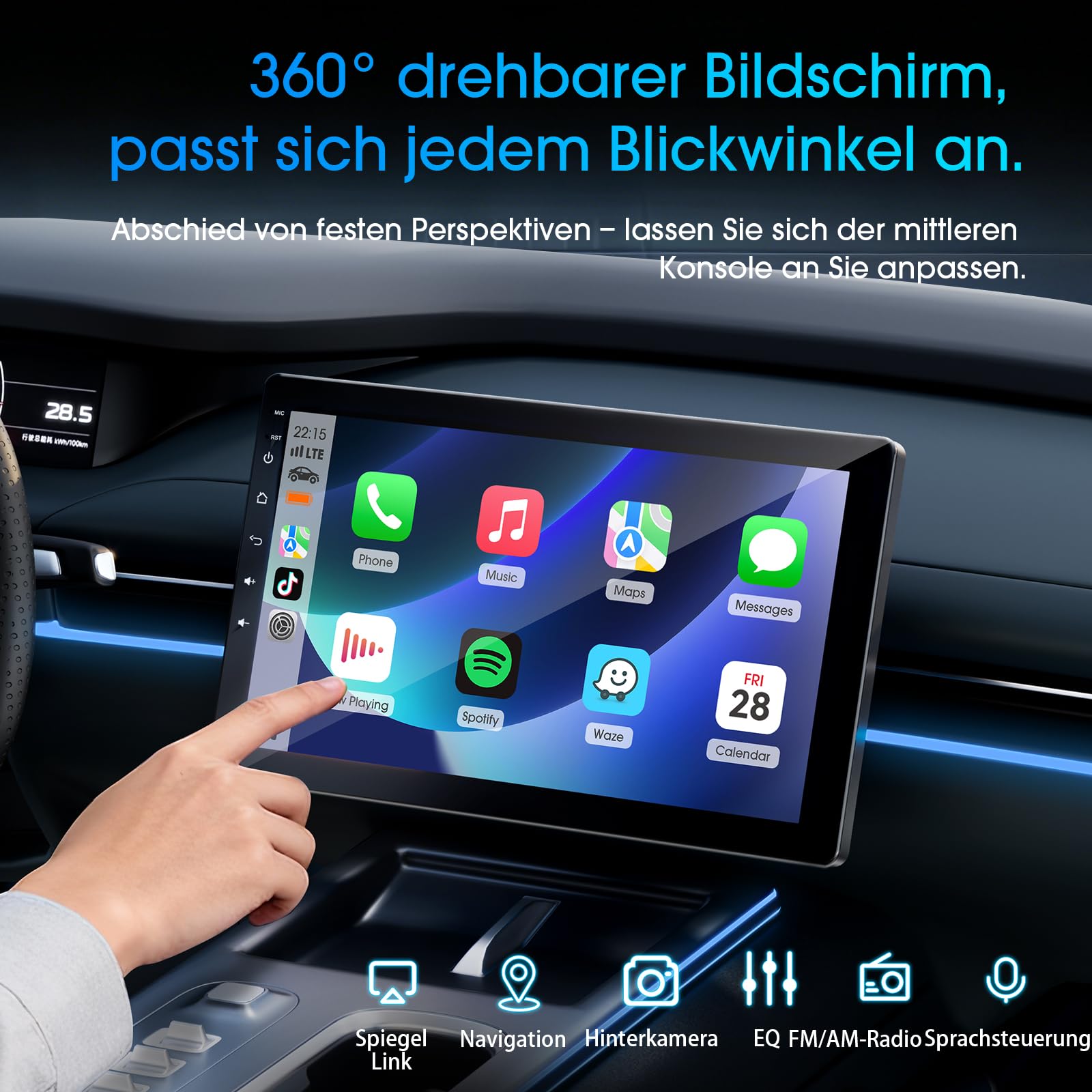 Haudio 360° Drehbares 1 Din Autoradio mit Wireless CarPlay & Android Auto, 10,1" IPS Bildschirm, 720P Rückfahrkamera, GPS, Mirror Link, Sprachsteuerung, RDS/FM/AM Radio, für alle Fahrzeuge Geeignet