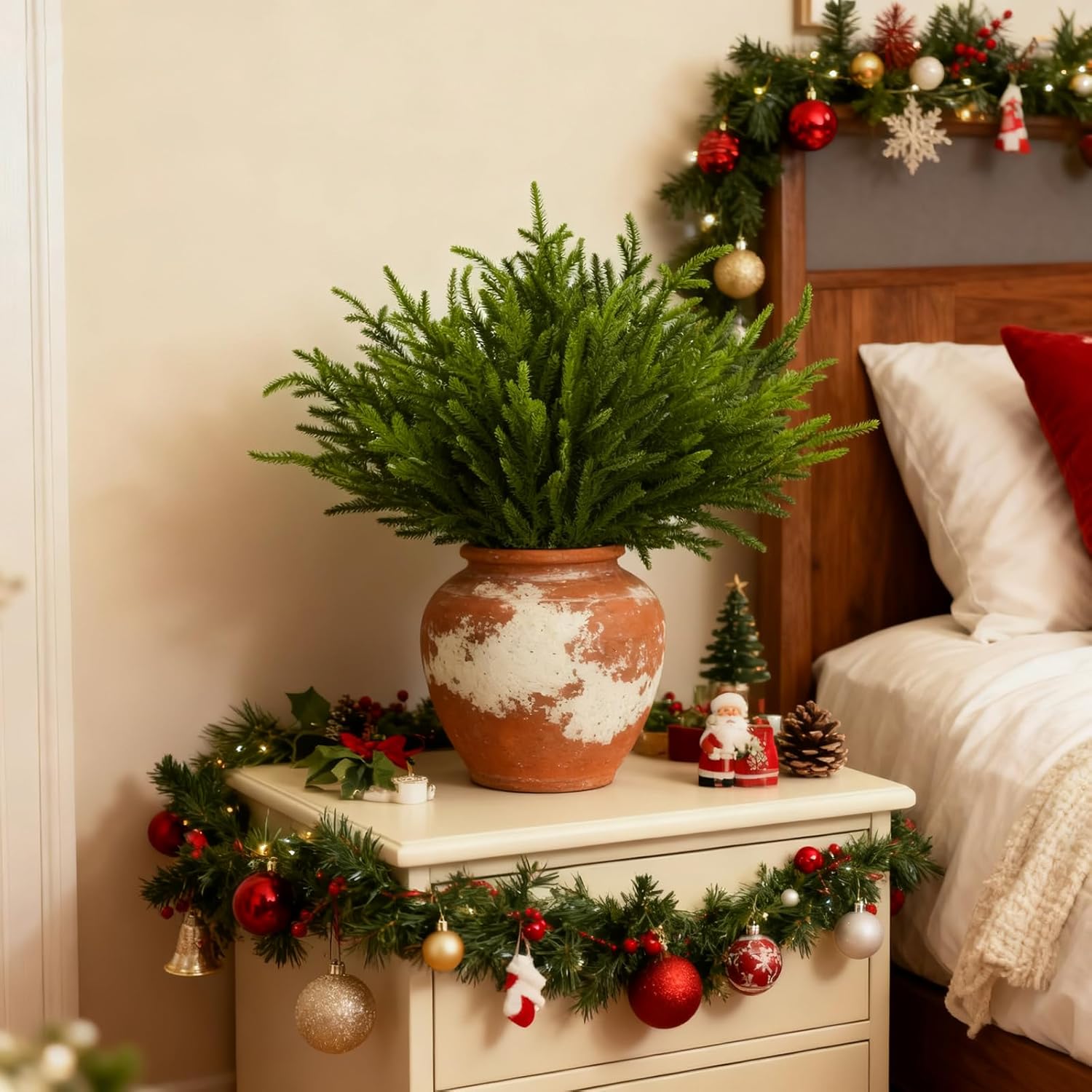 joyhalo 24 Pcs Norfolk Pine Stems, 18" Artificial Christmas Pine Branches Faux Gradient Greenery Stem Real Touch Cedar Stems for Vases, Outdoor Planters, Christmas Trees and Outdoor Home Decor - Image 7