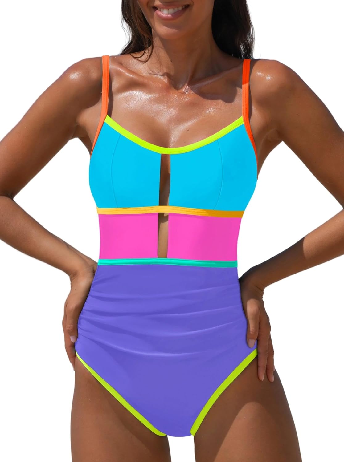 popvil Women One Piece Swimsuit 2026 Sporty Neon Bathing Suit Tummy Control Swim Suit Cut Out Adjustable Straps Swimwear
