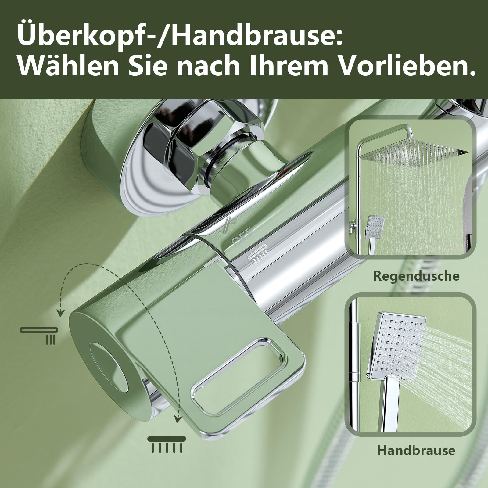 Duschsystem mit Thermostat Edelstahl Regendusche 12" Quadratische Regenbrause Handbrause eine Strahlart Duscharmatur Komplettset Höhenverstellbar mit Anti-Verbrühungsschutz Wassersparend