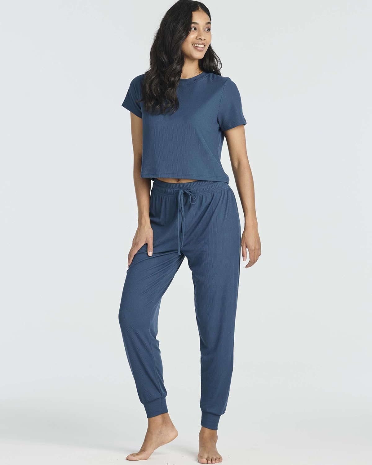 Real Essentials 2 Pack: Women's Ribbed Knit Lounge Sets – Short Sleeve Top with Jogger Sweatpants - Image 2