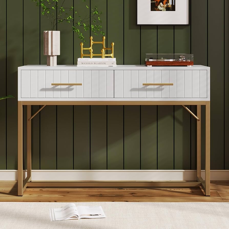 Merax White Modern Desk With 2 Drawers: Ribbing Drawer Fronts, Golden