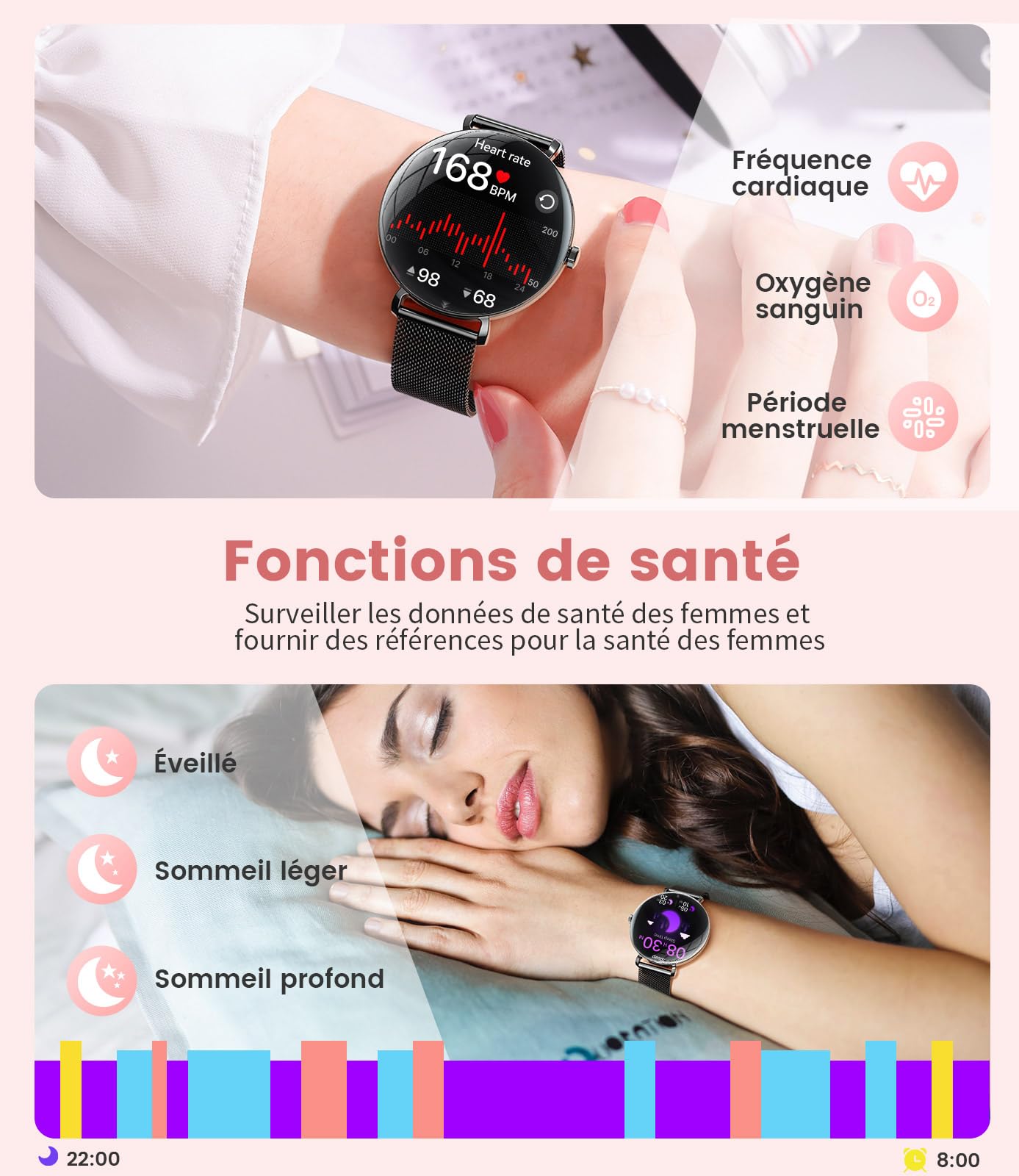 SUNKTA Montre Connectée Femme Léger avec Ultra-Mince 1.43'' Écran Courbé AMOLED Appels Podómetro/Fréquence Cardiaque 100+ Modes Sportifs IP68 Imperméable Élégante Femme Smartwatch Android iOS