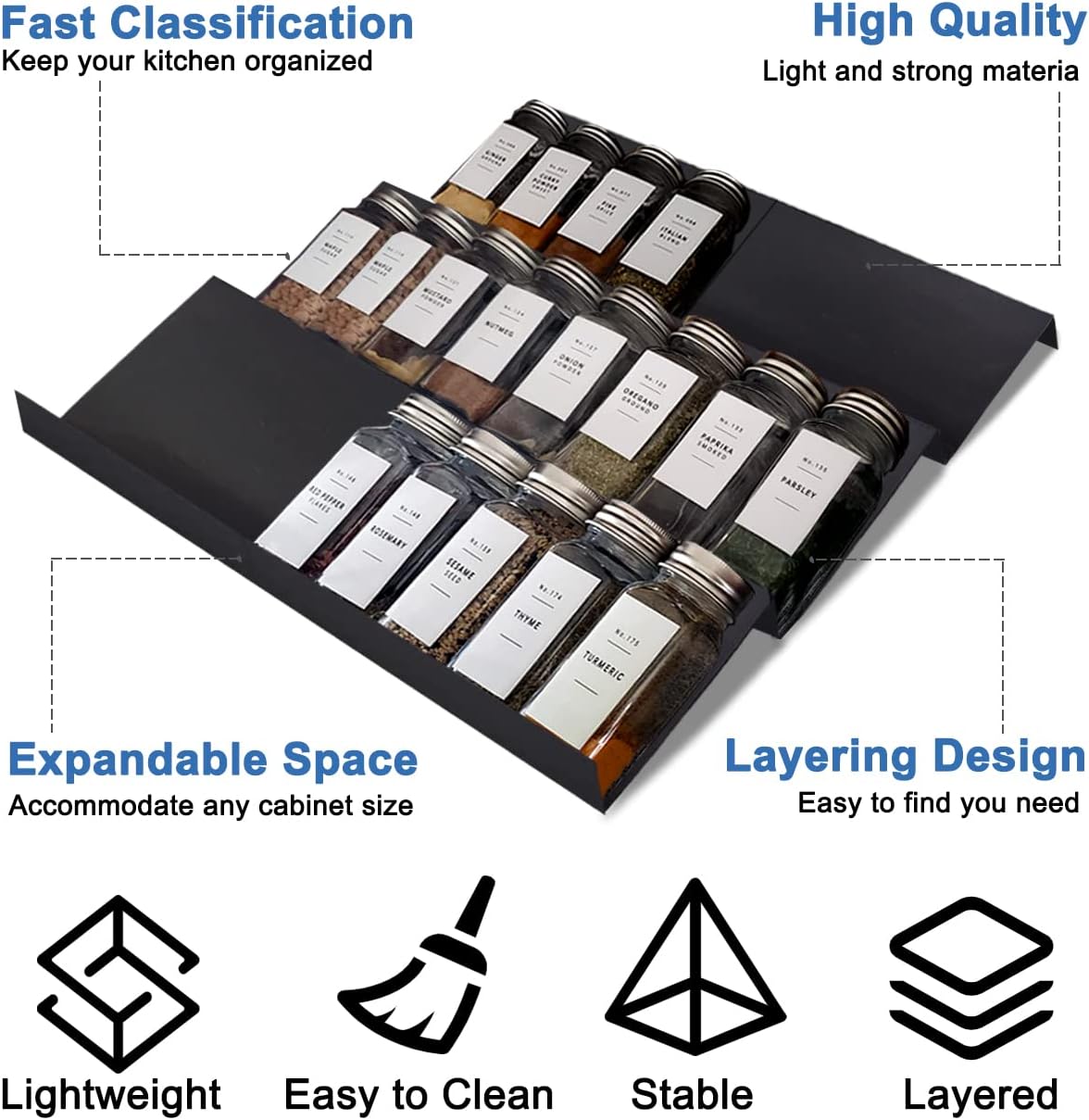 Expandable Spice Drawer Rack Organizer Insert for Kitchen Cabinet - Multi Tier Adjustable Spice Storage Shelf for Seasoning and Jar, Pack of 6 image 3