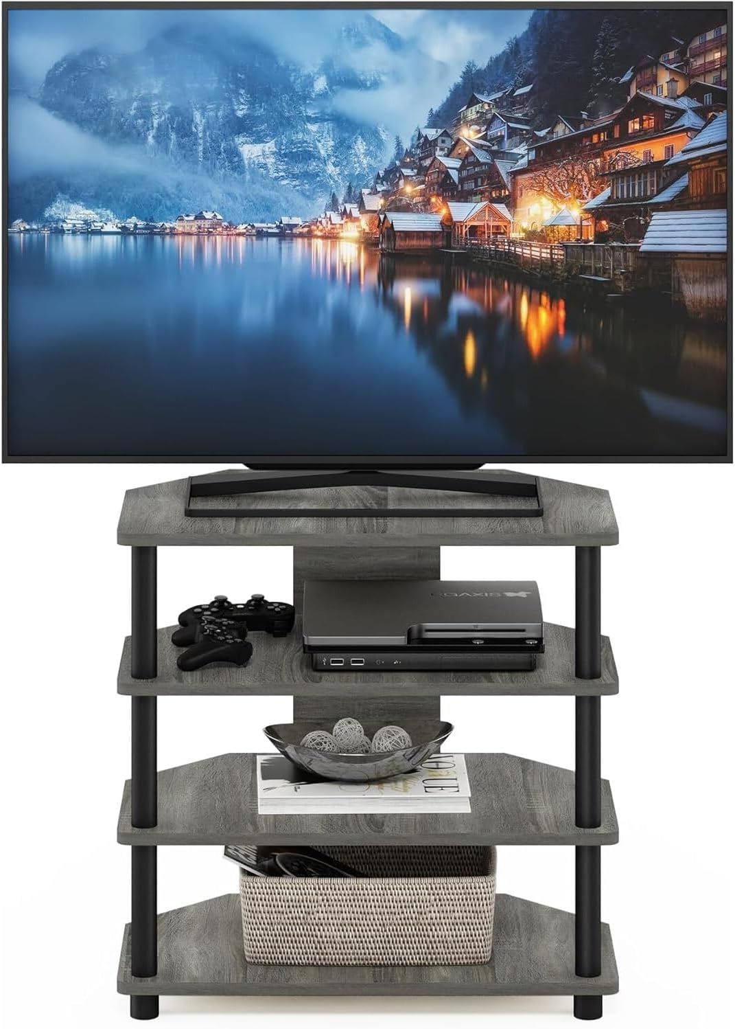 HomeStock Bohemian Bliss Easy Assembly 4-Tier Petite TV Stand 23.7W x 23.2H x 14.6D Inches PVC Tubes Construction French Oak Gray