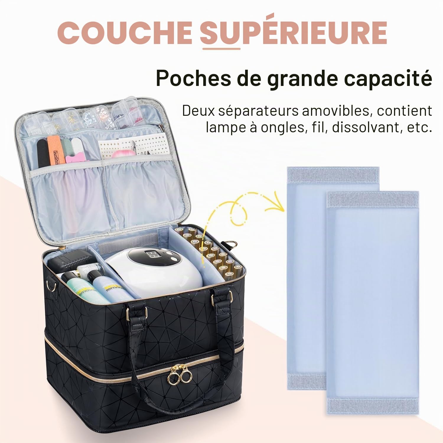 Uross Organisateur de Vernis à Ongles pour 84 flacons de Vernis à Ongles et 1 Lampe à Ongles LED, Sac de Rangement de Vernis à Ongles pour Accessoires de stylisme ongulaire（Noir）
