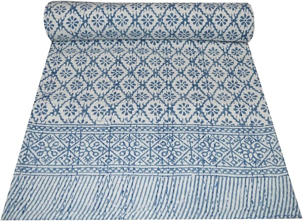 YUVANCRAFTS Indian Hand Block Print Kantha Quilt Queen Size Handmade Quilt Kantha Throw Blanket Queen Bedspread Boho Quilt Vintage Gudari Kantha Quilts (RED AJRAKH)