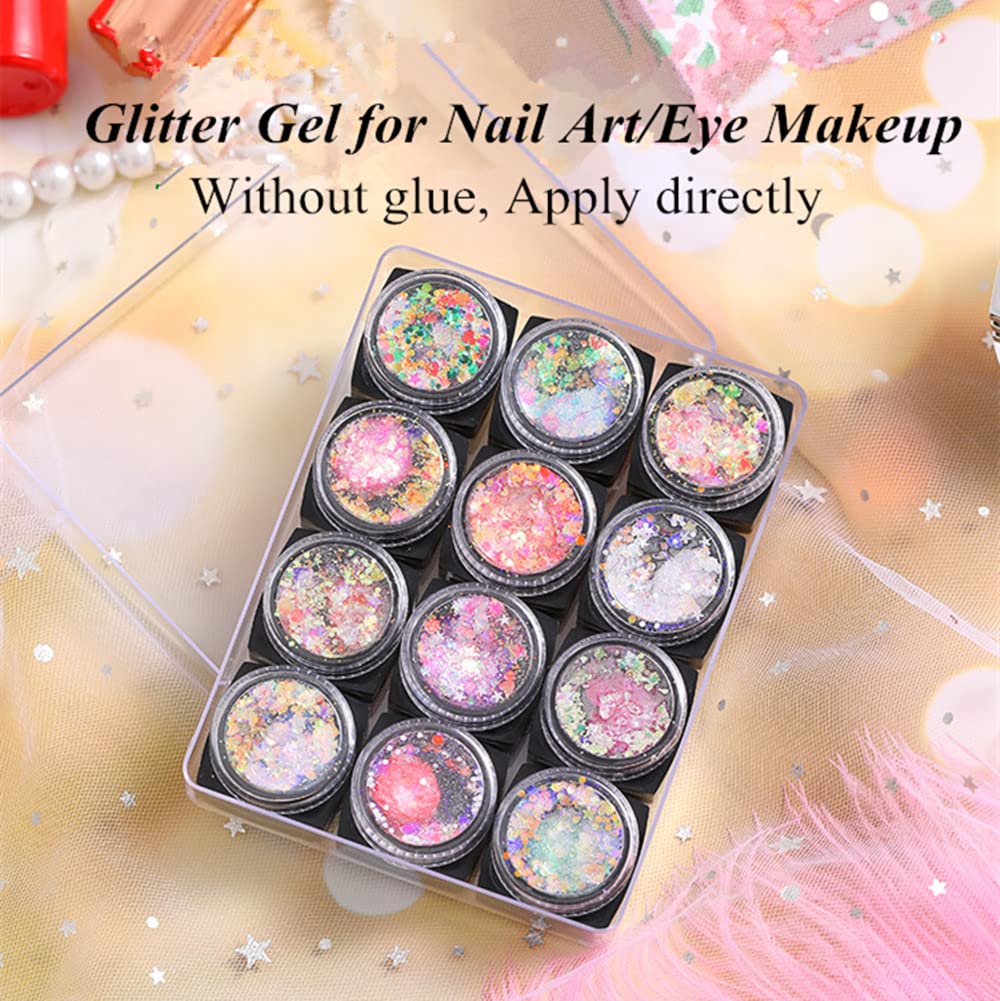 12 Pcs Hard Gel Glitter Gel Nail Polish Set with One Brush Pen Colorful Gel Polish Glitter Nail Charms Gel Nail Kit Nail Art Accessories for Nail Design Eye Makeup (colorful A)