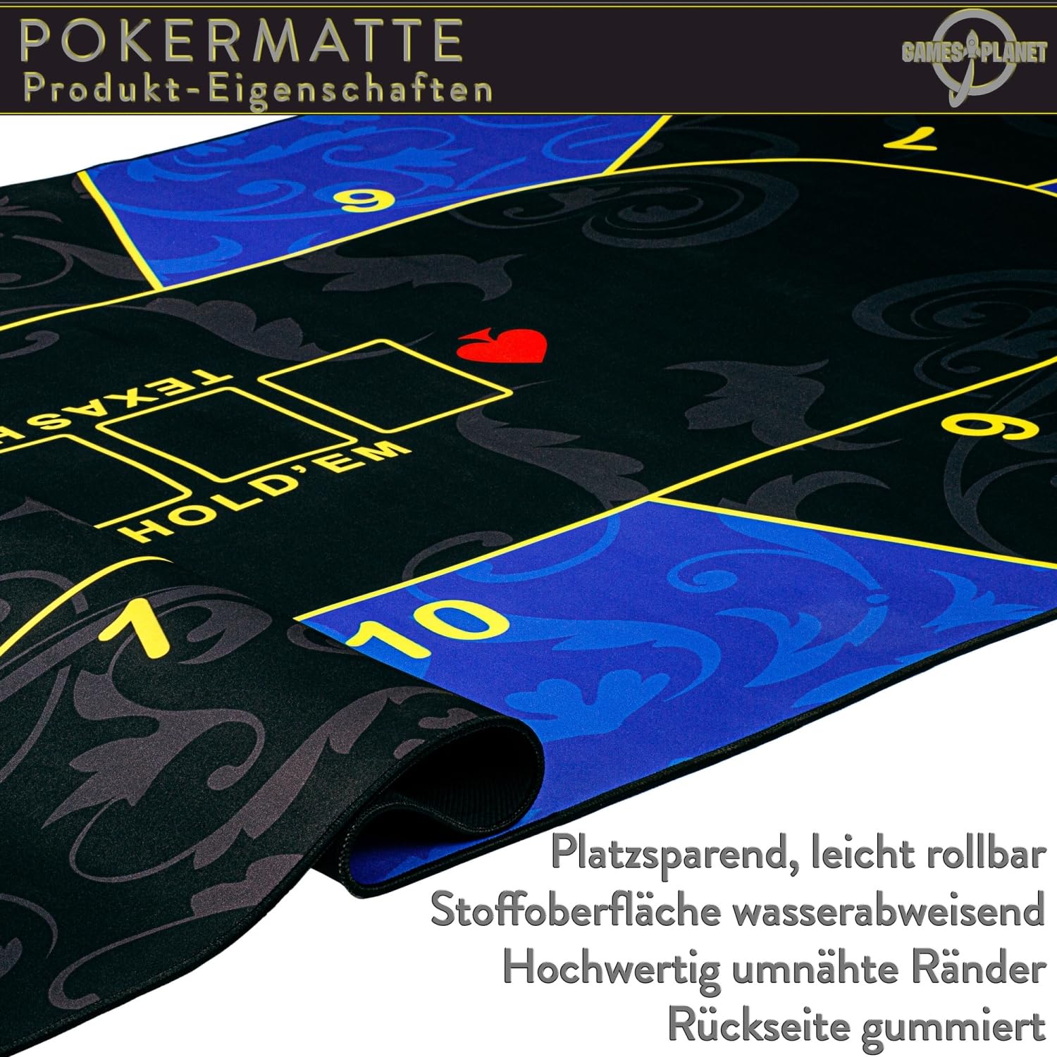 GAMES PLANET XXL Pokermatte, bis zu 10 Spieler, Maße 160x80 oder 200x90 cm, 3 Farben, inkl. Tragetasche, Unterseite Naturkautschuk, wasserabweisend
