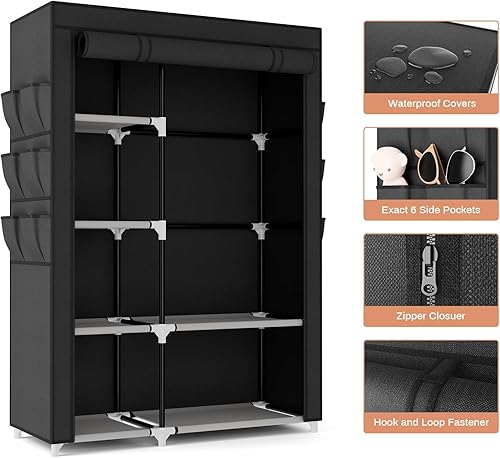 Miniatura 4 de VTRIN Armario portátil, 41.7 pulgadas de ancho para colgar ropa con 1 barra para colgar, 6 estantes, 6 bolsillos, perchero con funda, armario