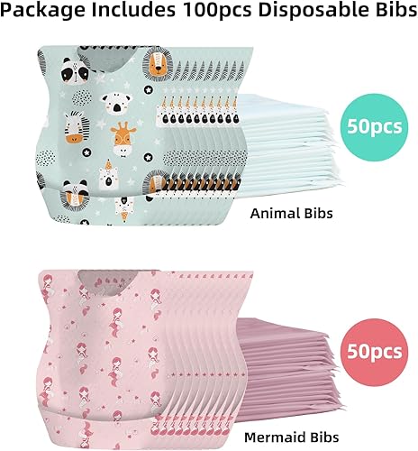 Miniatura 2 de Juego de baberos desechables para bebés, 100 unidades, forro a prueba de fugas, bolsillo para atrapar alimentos para bebés de 6 a 18 meses