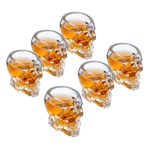 MyGift Set of 6 Skull Shot Glasses – 2.8 oz Clear Glass Novelty Drinkware for Halloween Parties, Cocktail Bars & Home Decor – Spooky 3D Skull Design - Clear